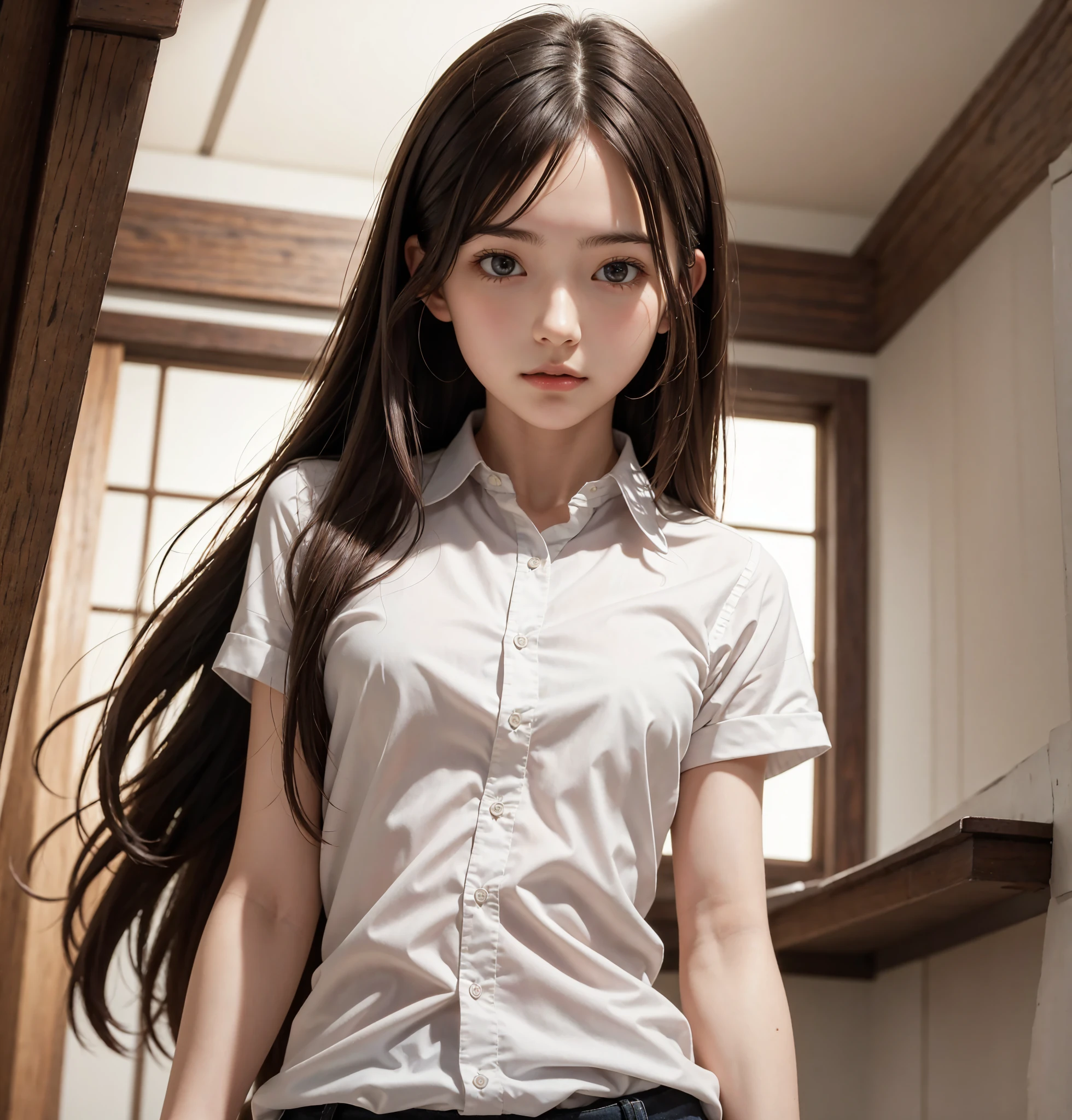  photorealistic , masterpiece,  top quality,  RAW photos ,  1 girl, Alone,  long hair, Brown Hair,  detailed face ,  attractive face ,  collared shirt , medium breasts,  dynamic pose, looking at viewer, from below,  Detailed Background ,  fine details ,  Intricate Details,  ray tracing,  is written by,  discreet ,  high definition 