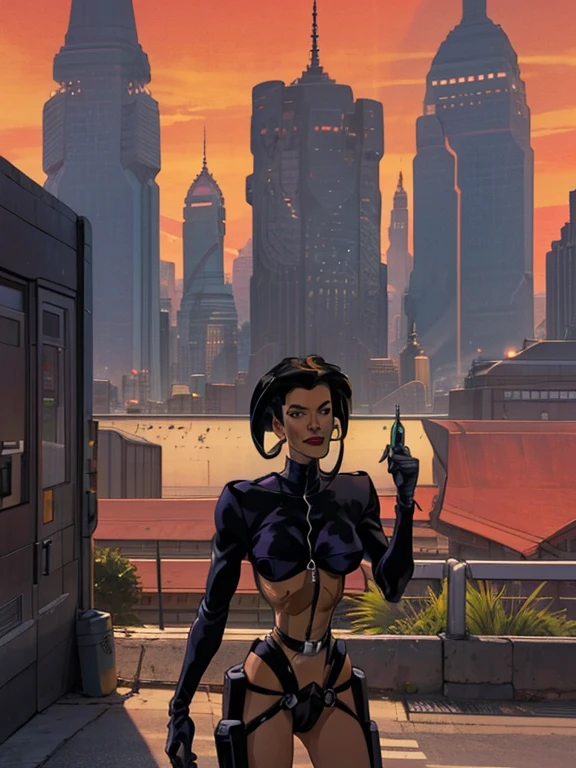 FAITHFUL IMAGE OF AEON FLUX,  king , linda, smiling, she is happy,  ultra detailed , she is,  SHE STANDS ON THE EDGE OF A TERRACE OF AN ULTRA-FUTURISTIC BUILDING LOOKING UP AT THE SKY ,  SHE'S POINTING HER FINGER AT THE GROUND LOOKING AT THE INDUSTRIAL CITY , THERE ARE buildings rounded in a ,  ultra-futuristic megalopolis city , Industrial environment,  cyberpunk style,  orange sky ,  the city has many metallic buildings with mirrored glass in light colors that reflect sunlight, alien architecture ,  the city has shades of metallic gray ,  has beautiful metal structures ,  dark ultrafuturist cars on the streets , desert megalopolis,  many rounded buildings high on the horizon ,  tall futuristic metal buildings , WIRED POSTS ,  traffic lights ,  many ultramodern buildings surrounding ,  as realistic as possible,  As detailed as possible , Science fiction,  there are 2 planets in the sky through the dense atmosphere ,  orange sky 
