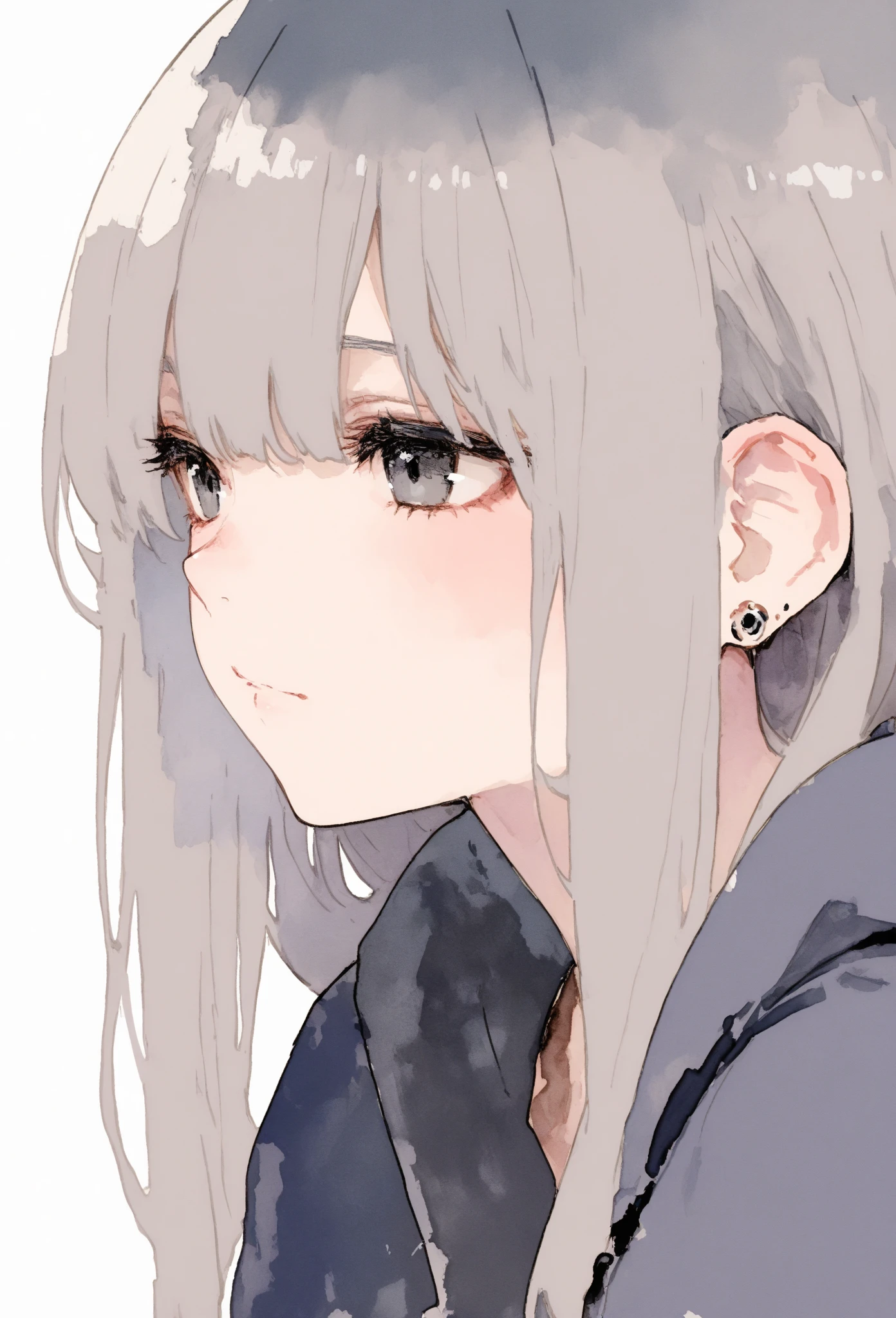 best quality, masterpiece, 748cmstyle, 1girl, Dark grey hair,   shortcuts, Small earrings, think,  simple background, anime, Watercolor