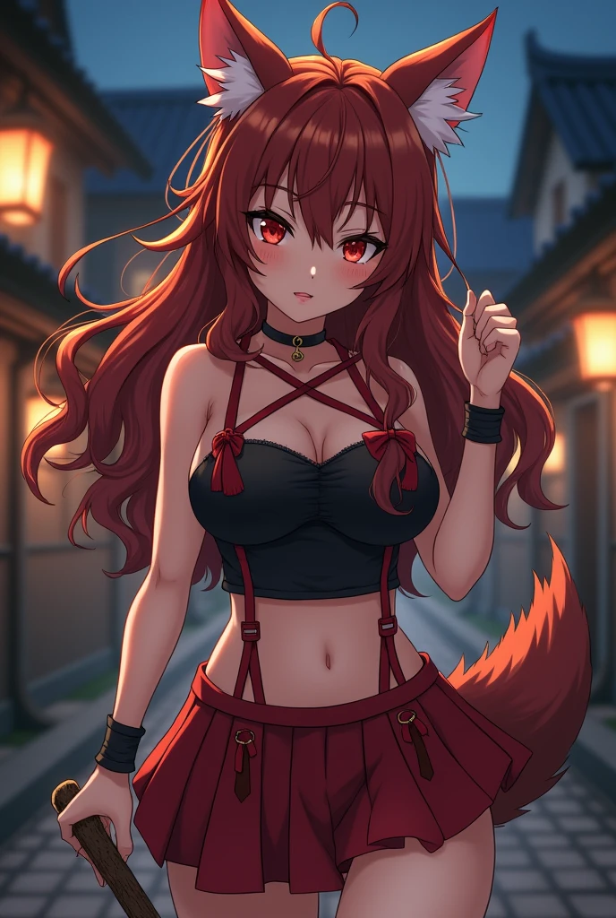 1girl with long red hair, amber eyes, fox ears, fox tail, Lustful face, red kimono, slender body, fantasy world town in background, POV, small breasts, evening