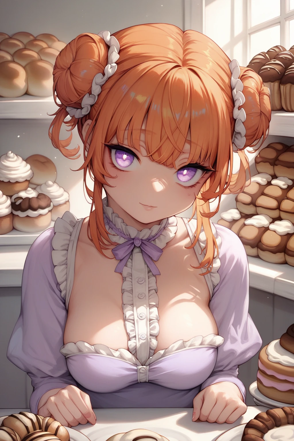 score_9, score_8_up, score_7_up, high resolution, 1girl, looking at viewer, beautiful face, detailed pupils, orange hair, triple bun, fringed bangs, light purple eyes, breasts, bakery, 