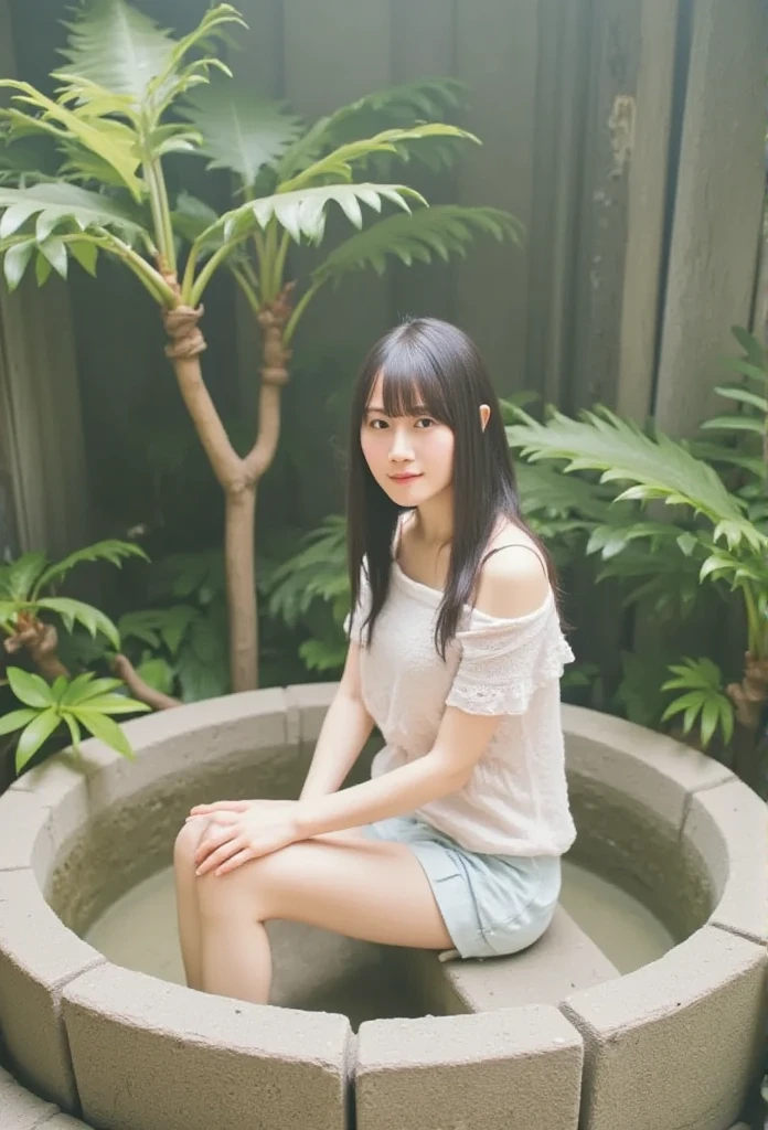  I'm making a heart shape with both hands, top quality, masterpiece,   super high res, (  realistic  :1.4), 20 years old,  1 girl,  Surrounded by a very high quality stone open-air bath ,8k,((Very short bangs )),  bangs cut in a straight line above the eyebrows  , Slim waist,Thin legs,sitting on a log, Look under two beautiful fingers ,((Super   realistic   image quality)),  shirt short enough to show the underline,,  Beautiful breasts  ,  realistic  ,  image media chest  )),((  shows teeth and laughs )),((  big smile))