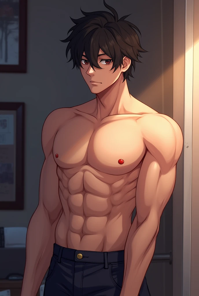 high quality, detailed, 19 years old bulky japanese idol boy, detailed brown eyes, (abs:1.5), (dark skin), (detailed areola), black short hair, (leather tiny briefs), (erected bulge), bedroom,