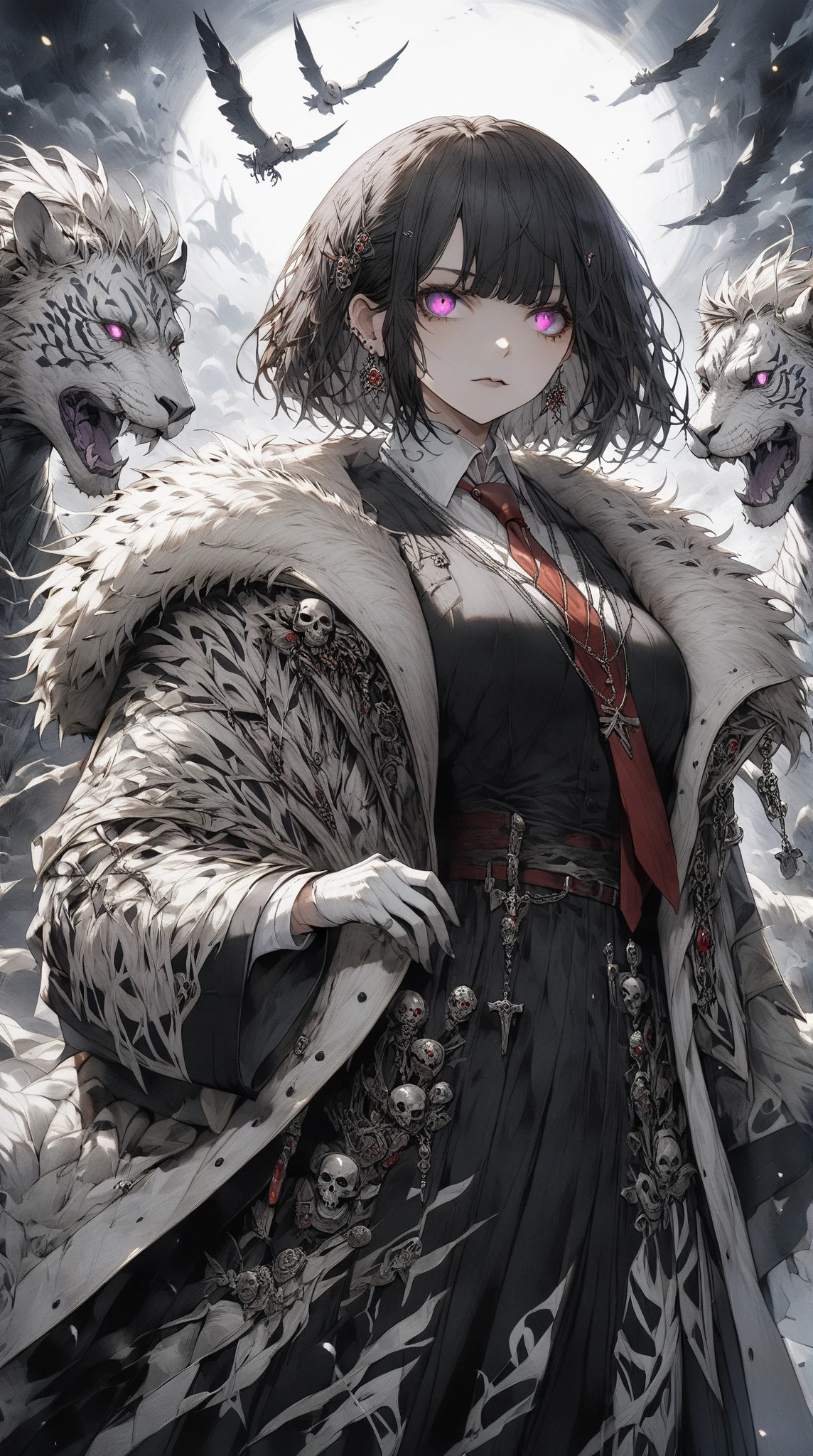 score_9, score_8_up, score_7_up, score_6_up, masterpiece, best quality, intricate details, 1girl, skinny, tall, curly bob cut hair \(white highlight, zigzag pattern\), earrings, old lady, large fur coat \(fluffy, zebra pattern\), chequered vest, necktie \(zebra pattern\), red slack pants, red glove, standing, angry stare, eye scar, one glowing red eye, one dark brown eye, skull necklace, low angle, holding purple fire, purple fire, purple light, dark background,