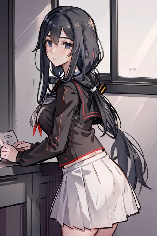 Black sailor uniform, white tie and skirt, inside a classroom