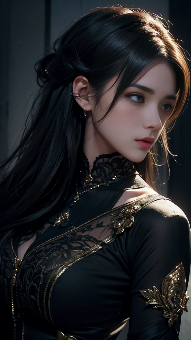 8K, ultra HD, Masterpiece, 1 girl, good face, very long hair, spreading hair, detailed eyes, lovely lips, shining black dress, decorated dress, strap dress, (bare waist:1.4), (lace:1.5), (jewellery:1.5), thigh high, night background,