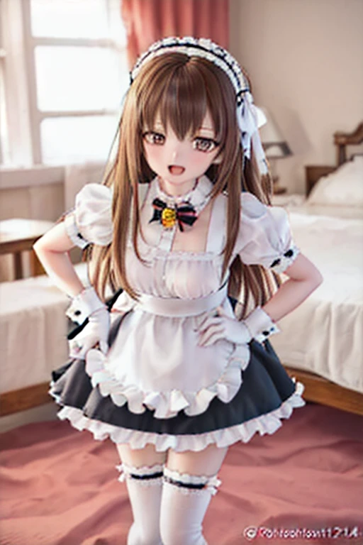 (SFW:2), photorealistic, realistic photo, 8k, Canon EOS, ((highest quality)), ((masterpiece)), (extremely detailed), dd, doll, idol dress, (mature woman, 21yo, 21 years old, solo, slim, skinny, slender, pigeon toed, bedroom:1.6), (bend over, hands on own hips, open mouth, brown hair, long hair, hair ribbon, bow, maid headpiece, maid costume, maid apron, white thigh highs, reddish brown eyes, glass eyes, shining eyes, detailed face:1.3)