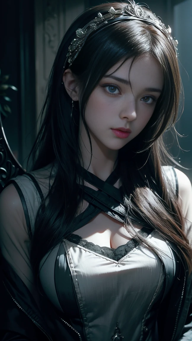 fot, work of art, photorealisitic, realisitic, extreme hight detail, hdr, (8K, CRU photo:1.2), Soulsborne, young female, monstr, assassin, long messy hair, glare eyes, face covered, dagger, black art, yellow and black auras, highly detailed skin, (best qualityer:1.4), (ultra high resolution:1.2),