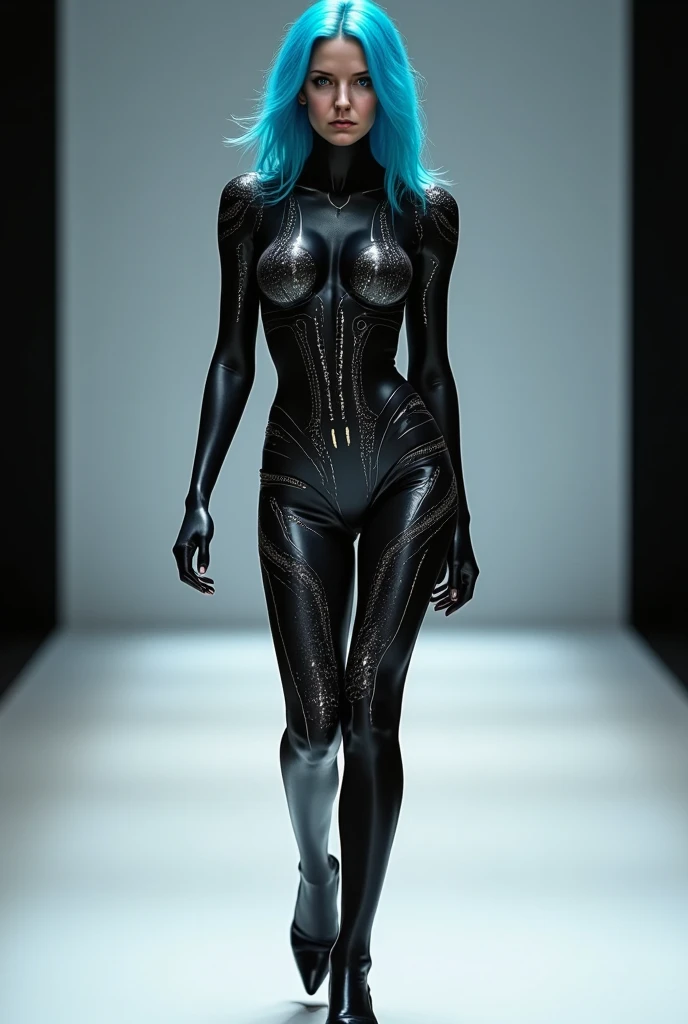 A woman, Light blue hair, runway model, black body paint outfit