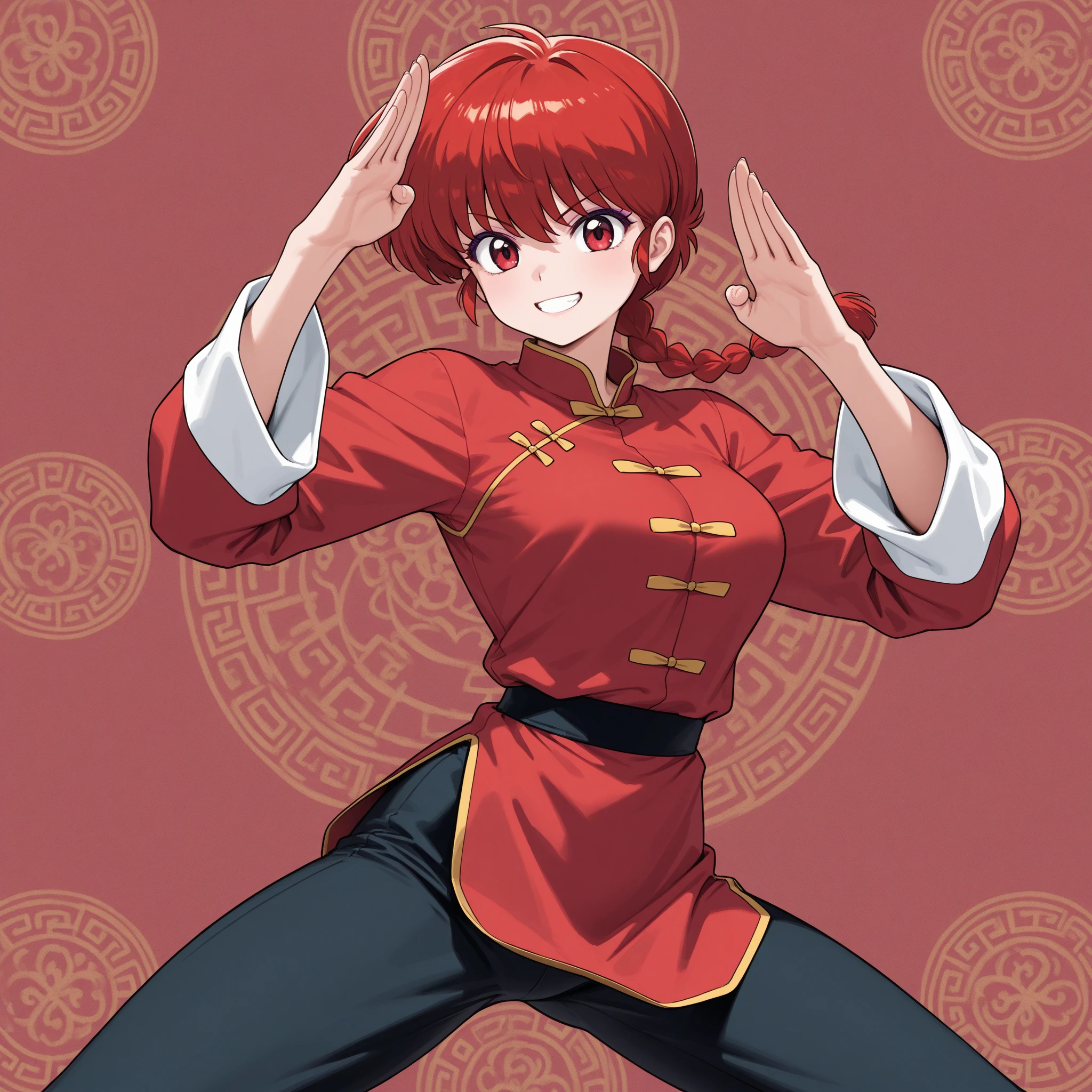 (solo:1.3),1girl\(Ranma, the main character of anime\(Ranma1/2\),cute,sexy, braided red hair, red eyes, red Chinese clothes, smiling, ranma saotome, braid, red hair, single braid, braided ponytail, red eyes,pants, chinese clothes, tangzhuang, kung fu pose,purple eyeshadow).background\( panda from ranma,simple chinese design\). BREAK .quality\(8k,wallpaper of extremely detailed CG unit, high resolution, top-quality, top-quality real texture skin, hyper realistic, increase the resolution, RAW photos, best quality, highly detailed, the wallpaper, golden ratio, high saturation realism, vibrant colors, dramatic lighting, persuasive storytelling, atmospheric scenery, captivating visuals, intricate details, strong emotions, dreamlike world\)