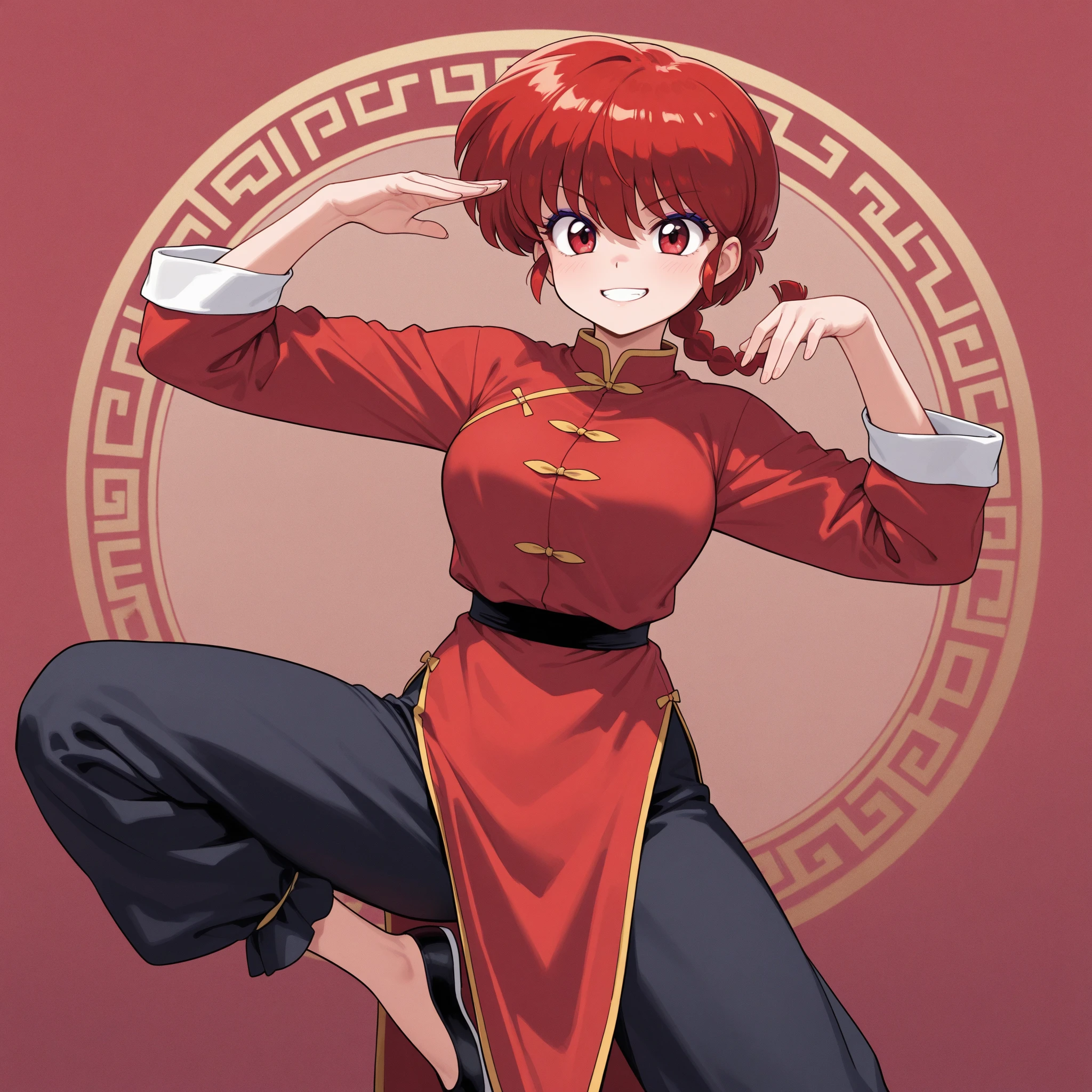 (solo:1.3),1girl\(Ranma, the main character of anime\(Ranma1/2\),cute,sexy, braided red hair, red eyes, red Chinese clothes, smiling, ranma saotome, braid, red hair, single braid, braided ponytail, red eyes,pants, chinese clothes, tangzhuang, kung fu pose,purple eyeshadow).background\( panda from ranma,simple chinese design\). BREAK .quality\(8k,wallpaper of extremely detailed CG unit, high resolution, top-quality, top-quality real texture skin, hyper realistic, increase the resolution, RAW photos, best quality, highly detailed, the wallpaper, golden ratio, high saturation realism, vibrant colors, dramatic lighting, persuasive storytelling, atmospheric scenery, captivating visuals, intricate details, strong emotions, dreamlike world\)