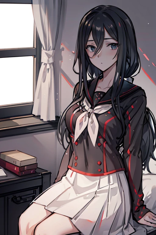 Black sailor uniform with white tie and skirt, sitting in bedroom