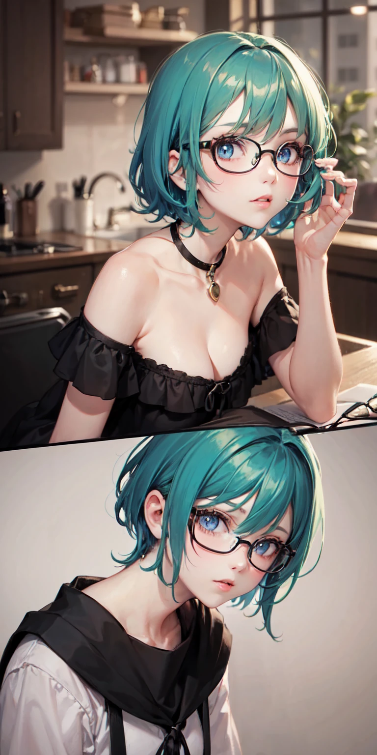 highest quality,wonderful,masterpiece,delicate,ultra high resolution,Super detailed,intricate details,beautiful,8K resolution,(Highly detailed CG Unity 8K wallpaper),sharp focus、anime、fiction、one woman、dark green hair、Dark green hair、light perple hair、short hair、Short Hair、Cat ear、Green Eyes、Red glasses、Vibrant Hair、Shaggy hair、Messy Hair、Vibrant Skin、Glowing Skin、 、ta、small、、、Short、Young、Beautiful Eyes、Glitter eyes、Shining eyes、happiness、Pleasure、smile、highest quality、very detailed、very realistic face、very realistic eyes、highest quality、very detailed、aperture body、Be beaten、beautiful feet、Big Breasts、Close-up of face、Above the navel、valley、Nipples are visible、Upper body naked、look up、Sticking out tongue