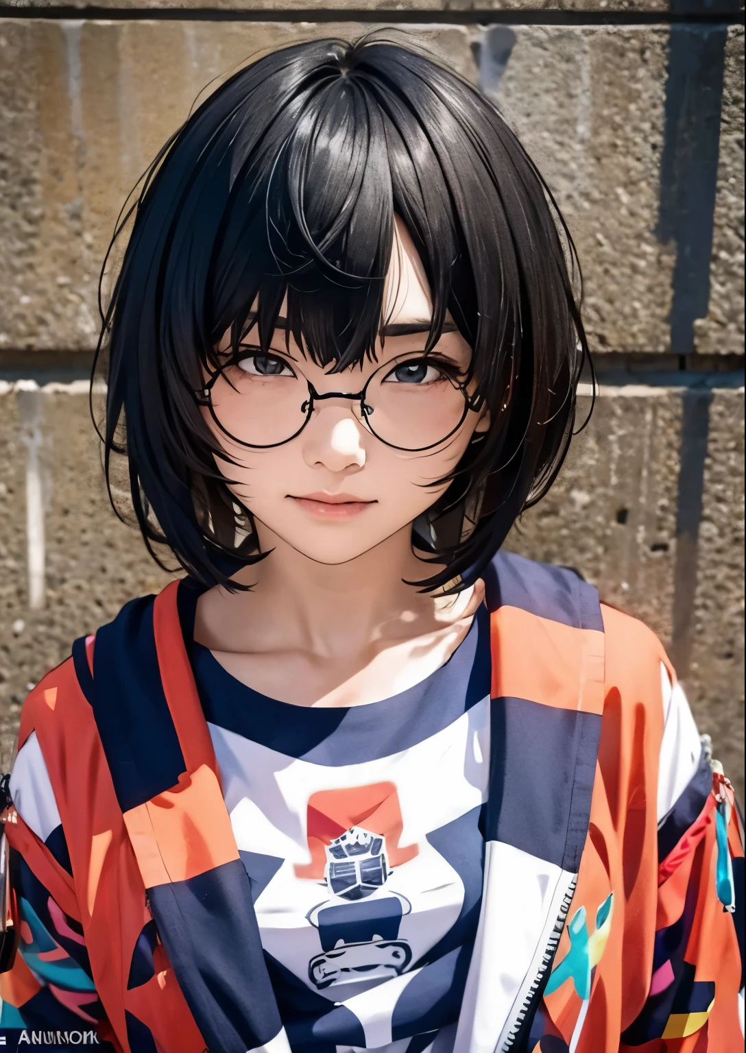 high school girl、 and 、Alone、 black hair、 short bob hair、bangs、Moderate bust 、 Street Fashion 、