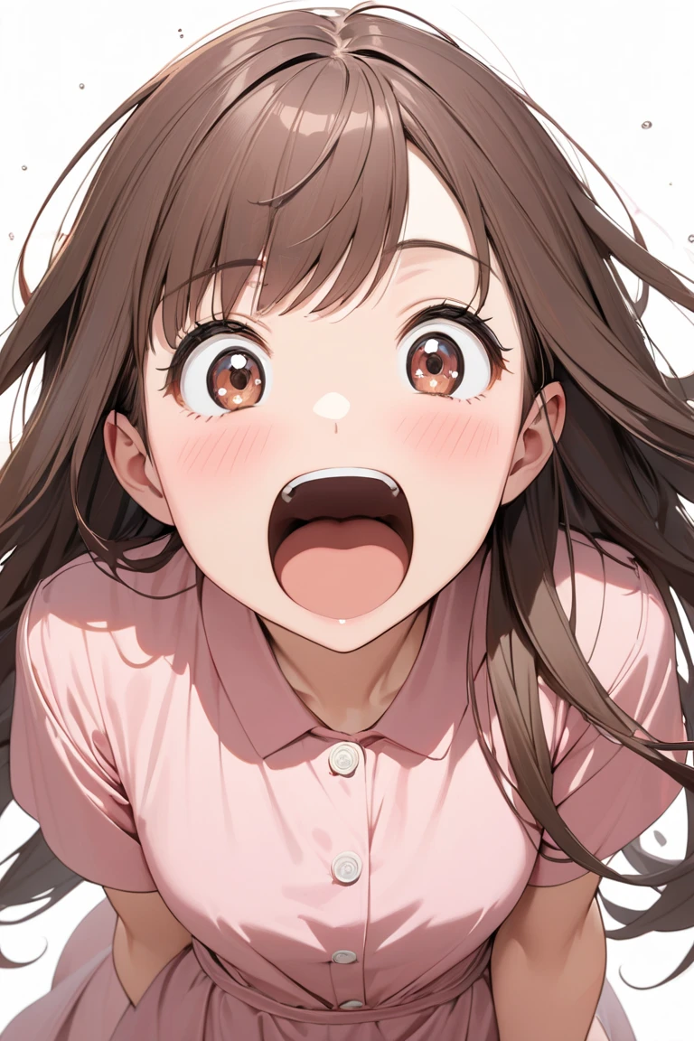 Ochaco Uraraka, wearing pajamas, nice environment, super detailed, high quality, short hair, portrait, blush, open mouth, big mouth, tongue, tongue out, close up, saliva, uvula, uvula, room, mouth focus, excessive saliva, giantess, brown eyes, looking at viewer, long tongue, large tongue, no lips, anime coloring