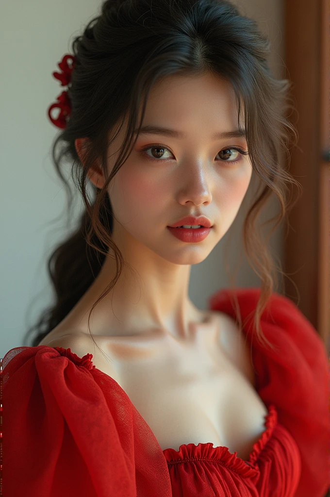 10 years of life, Brown hair, White skin, realist, with long hair tied up in a red ribbon, light brown eyes, Red dress, 8k image, realist human skin, Real image,