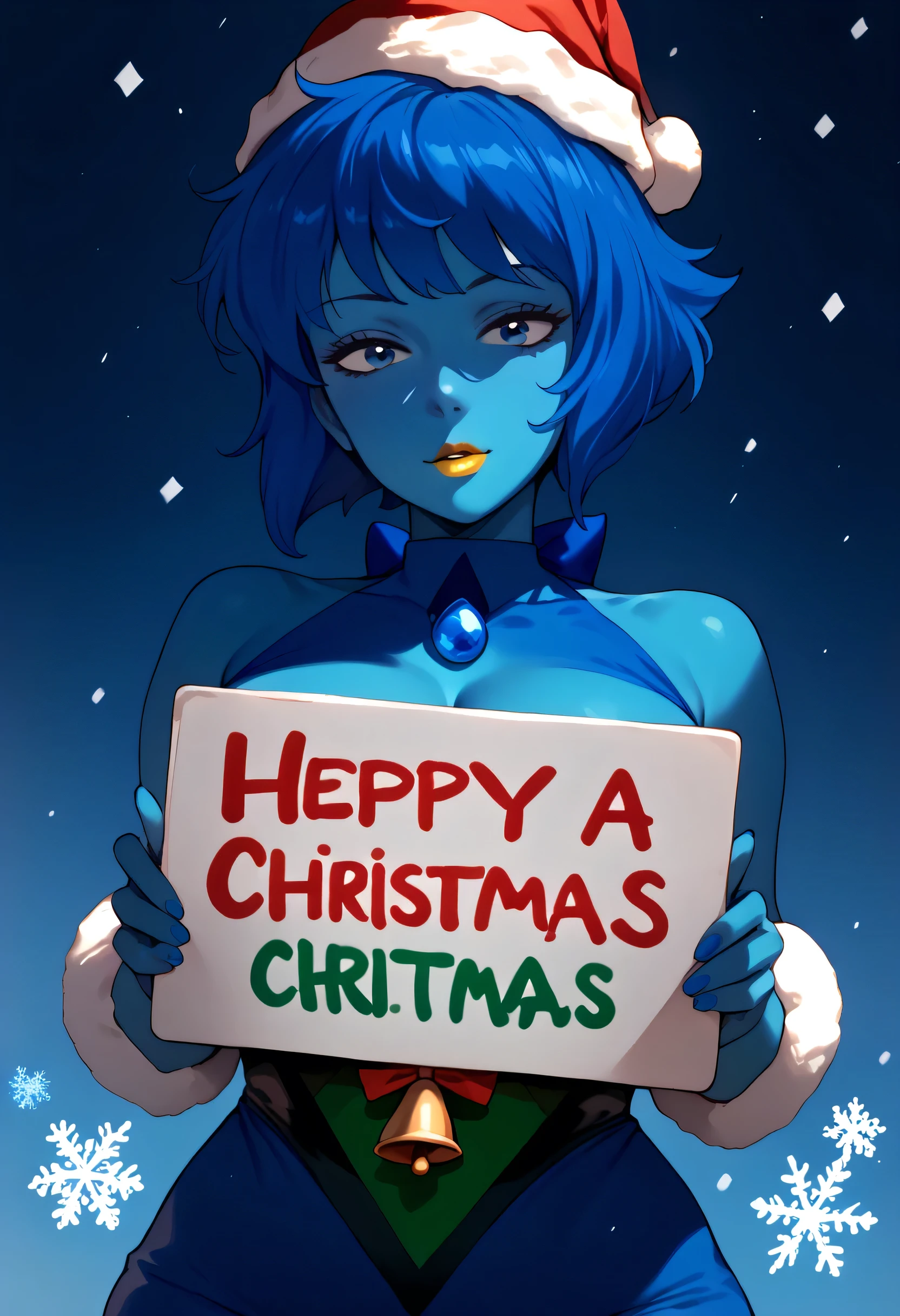 woman, blue hair, blue skin, yellow lipstick, short hair, short Christmas outfit, Christmas, anime style, big breasts, blue eyes, lapis lazuli, looking at viewer, holding a completely white sign