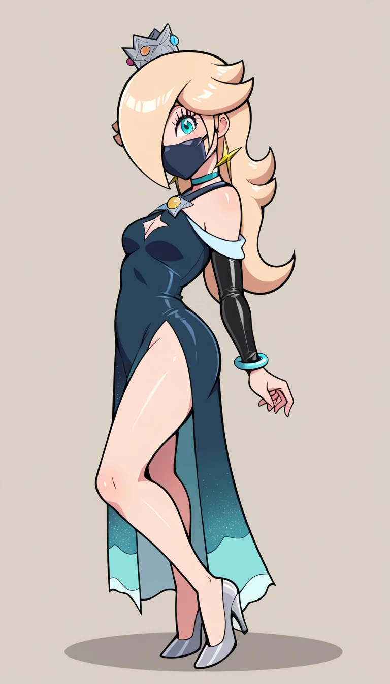 score_9, score_8_up, score_7_up, source_anime, 1girl, Rosalina, ( RslnSND, hair over one eye, crown, dark blue dress, bare shoulders, side slit, bracelet, clothing cutout, choker, cleavage cutout, pelvic curtain, high heels, full body, hotel lobby, shiny dress), solo, complete body view, looking at viewer, stand up, standing, from front, Open eyes, scared, (armbinder tied), (armbinder: 1.2), (((lean the chest backwards, side view))), (((head leaning backward))), ((complete body side view)), ((stretched legs)), ((shaft head tilt pose)), ((head leaning back)), (head side view),
, tight rubber mask, black tight mask, wrapped tight mask, tight black mask.