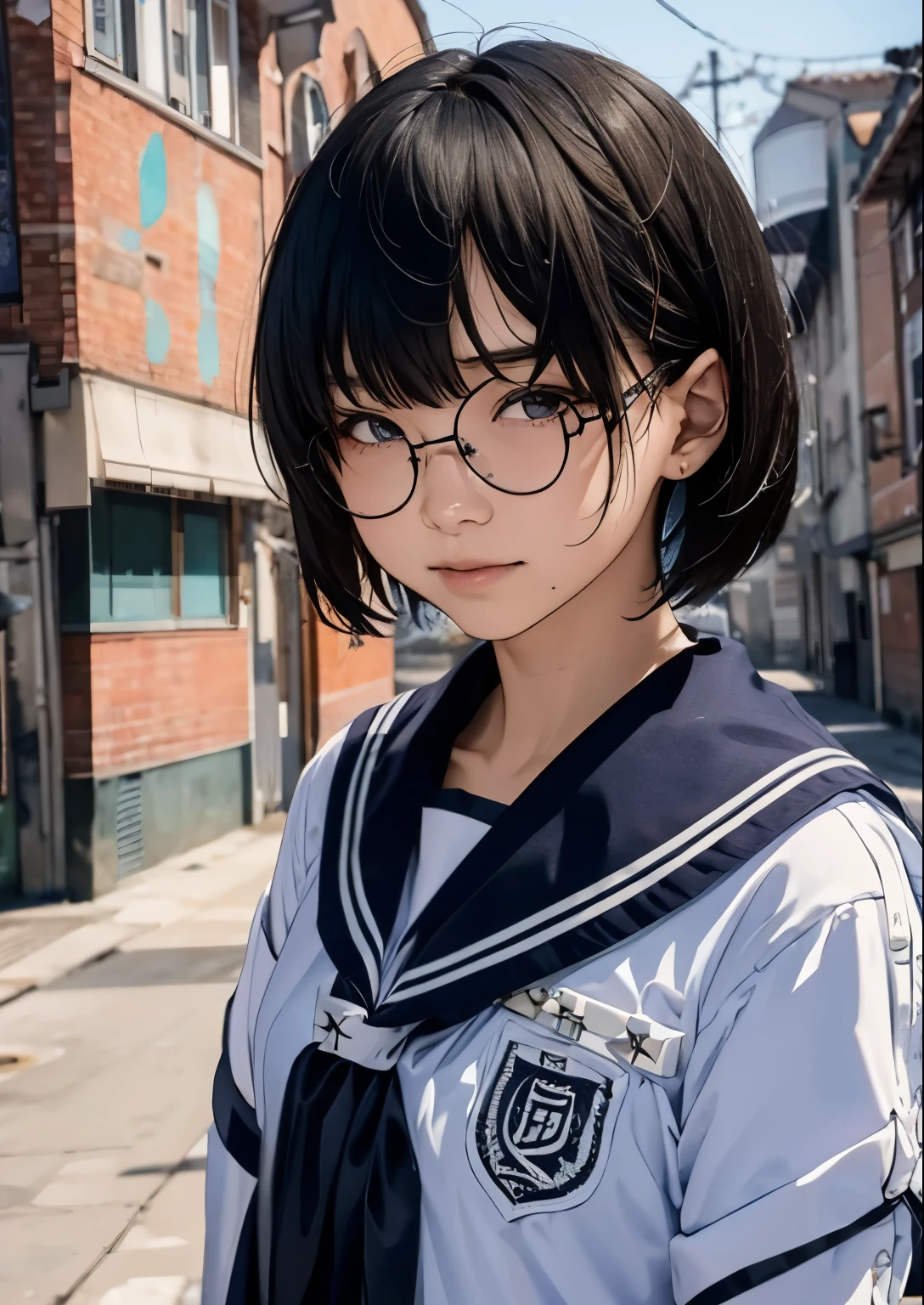 high school girl、 and baby face 、Alone、 black hair、 short bob hair、bangs、Moderate bust 、 Street Fashion 、stage、