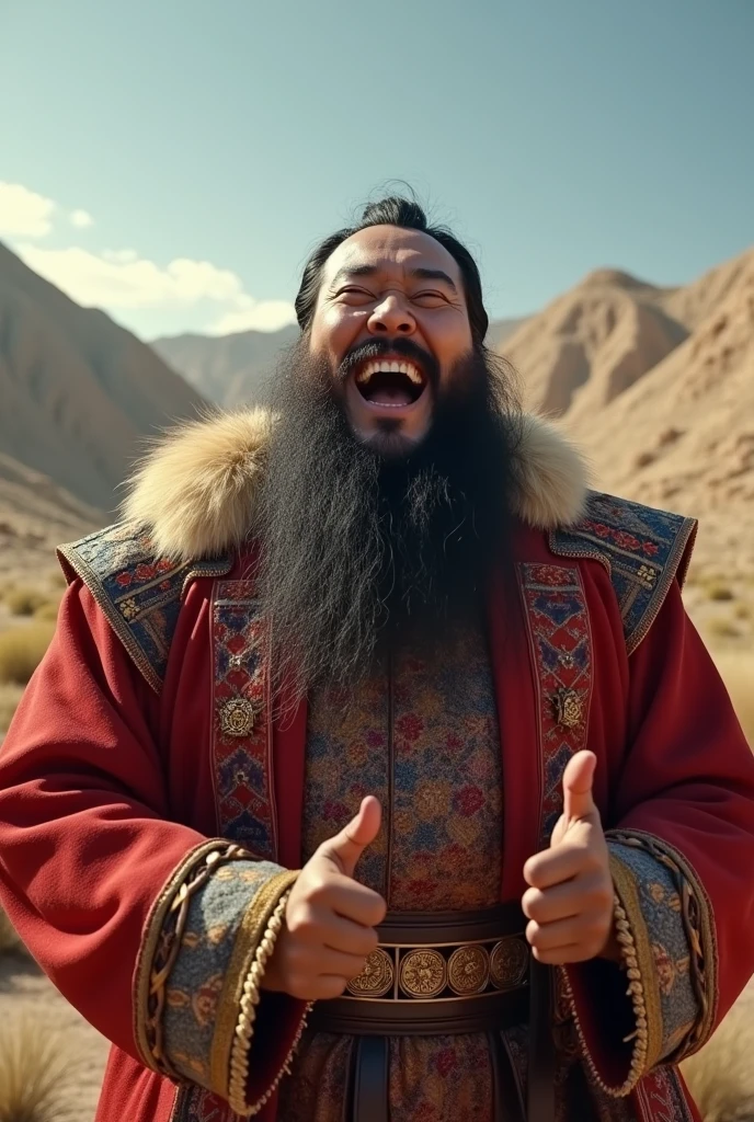 Old monk, orange clothes, laughing, mountain background, bald