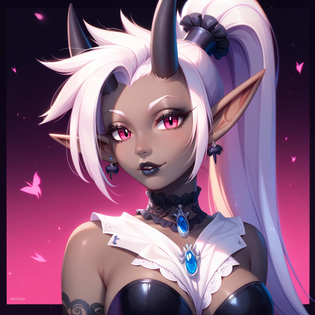 score_9, score_8_up, score_7_up, ((Masterpiece)), ((highres)), ((1girl, solo)), Random poses, beautifully detailed succubus girl, ((white mohawk w/long ponytail)), (((defined elf ears with ear guages))), defined eyes, pastel iris, long eye lashes, defined nose, black lipstick, curvy, (((Black skin))), (((black demon horns))), breasts, night sky, pastel gothic style, gothic style art, gothic asthetic, (((mulitcolored background))), (((bust shot))), (((Eevee))), Pokemon art style
