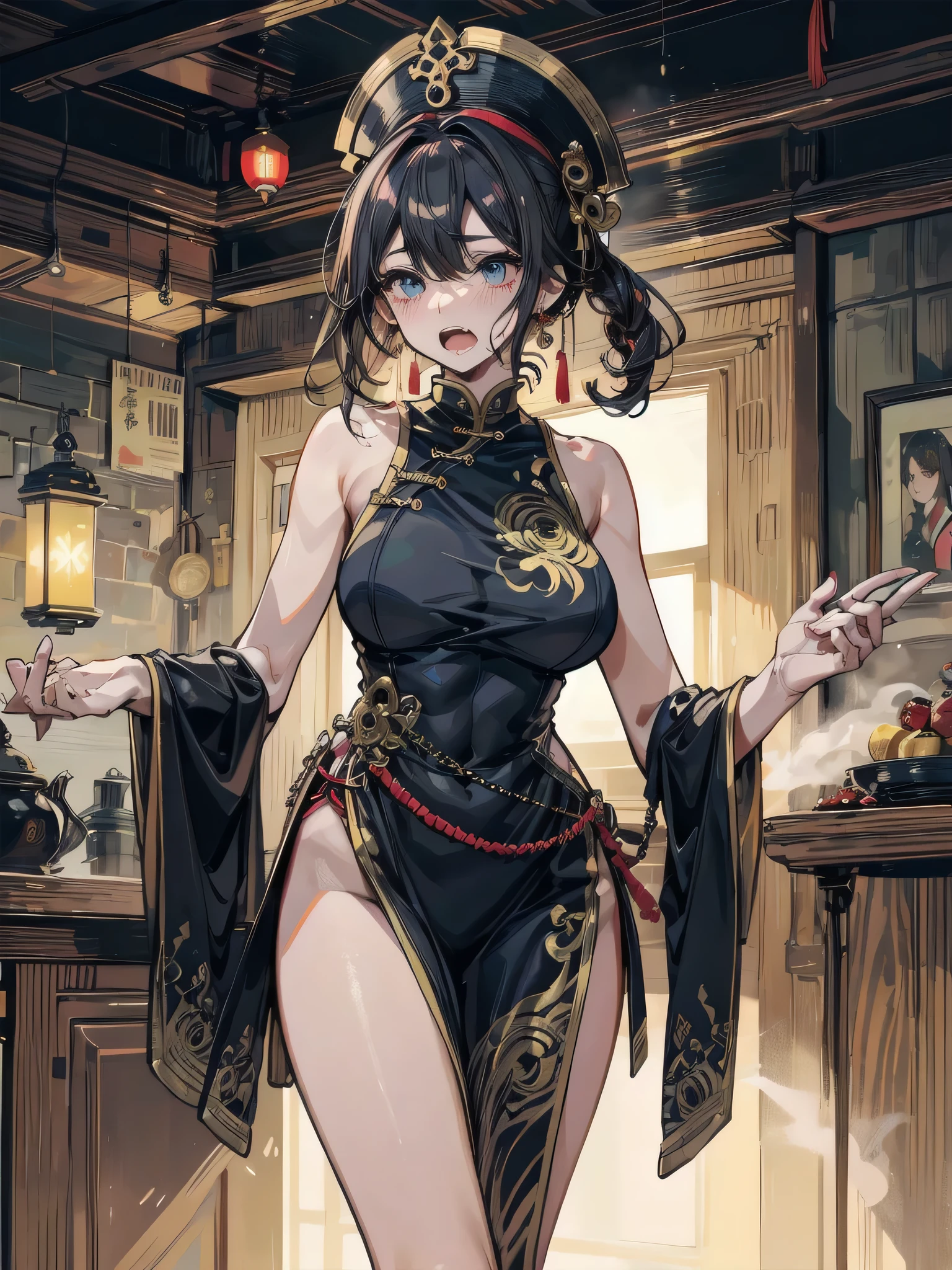 obra-prima, 1girl, solo, cabelo preto, underboob, kalap, light_smile, ofuda, vestido da porcelana, folded arms, corpo inteiro, ao ar livre, lanterna pendurada, noite, higashi setsuna, garota pelada morta