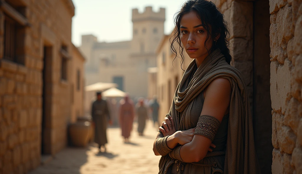 (best quality: 1.4), (Ultra Highres: 1.2), (photorealistic: 1.4), (8k, RAW photo: 1.2). The description of the Samaritan woman's physical appearance is not detailed in the biblical narrative, but her Samaritan origin suggests that she likely had similar characteristics to other people in the region, the story of the Samaritan woman. distressed and worried as she walks out of a palace