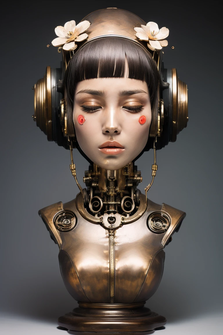 (masterpeace), ((super real photography: 1.5)), ((photo realistic: 1.3)), (real photo), 
A Japanese girl with a lot of flowers, ((A young girl robot: 1.5)),  (bust statue), 
BREAK
headgear, ((real metalic skin)), ((beautiful face: 1.5)), ((Super cute: 1.5)), ((kawaii: 1.5)), ((well-balanced face)), (close eyes: 1.3)), longeyelashes, stunning big eyes, luscious glossy lips, ((blunt bangs)), 
BREAK
(slender body: 1.3), petite bust, flower bloom, (flowers: 1.5),
BREAK
High-Mechanic body, octane rendering, Super Detailed machine, ((connected electric cables)), 
BREAK
(simple background: 1.3), ((bust shot: 1.3)), cinema quality, professional photograph, (photo studio: 1.5), (Bright Light: 1.2), Eye-Level Shot, wide lens, (fujifilm 35mm), (film photo), RAW, Excessive Embellishment, UHD, 
BREAK
anatomically correct, textured skin, best quality, 8k