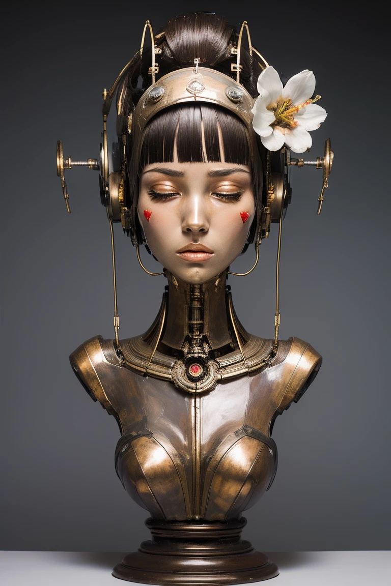 (masterpeace), ((super real photography: 1.5)), ((photo realistic: 1.3)), (real photo), 
A Japanese girl with a lot of flowers, ((A young girl robot: 1.5)),  (bust statue), 
BREAK
headgear, ((real metalic skin)), ((beautiful face: 1.5)), ((Super cute: 1.5)), ((kawaii: 1.5)), ((well-balanced face)), (close eyes: 1.3)), longeyelashes, stunning big eyes, luscious glossy lips, ((blunt bangs)), 
BREAK
(slender body: 1.3), petite bust, flower bloom, (flowers: 1.5),
BREAK
High-Mechanic body, octane rendering, Super Detailed machine, ((connected electric cables)), 
BREAK
(simple background: 1.3), ((bust shot: 1.3)), cinema quality, professional photograph, (photo studio: 1.5), (Bright Light: 1.2), Eye-Level Shot, wide lens, (fujifilm 35mm), (film photo), RAW, Excessive Embellishment, UHD, 
BREAK
anatomically correct, textured skin, best quality, 8k