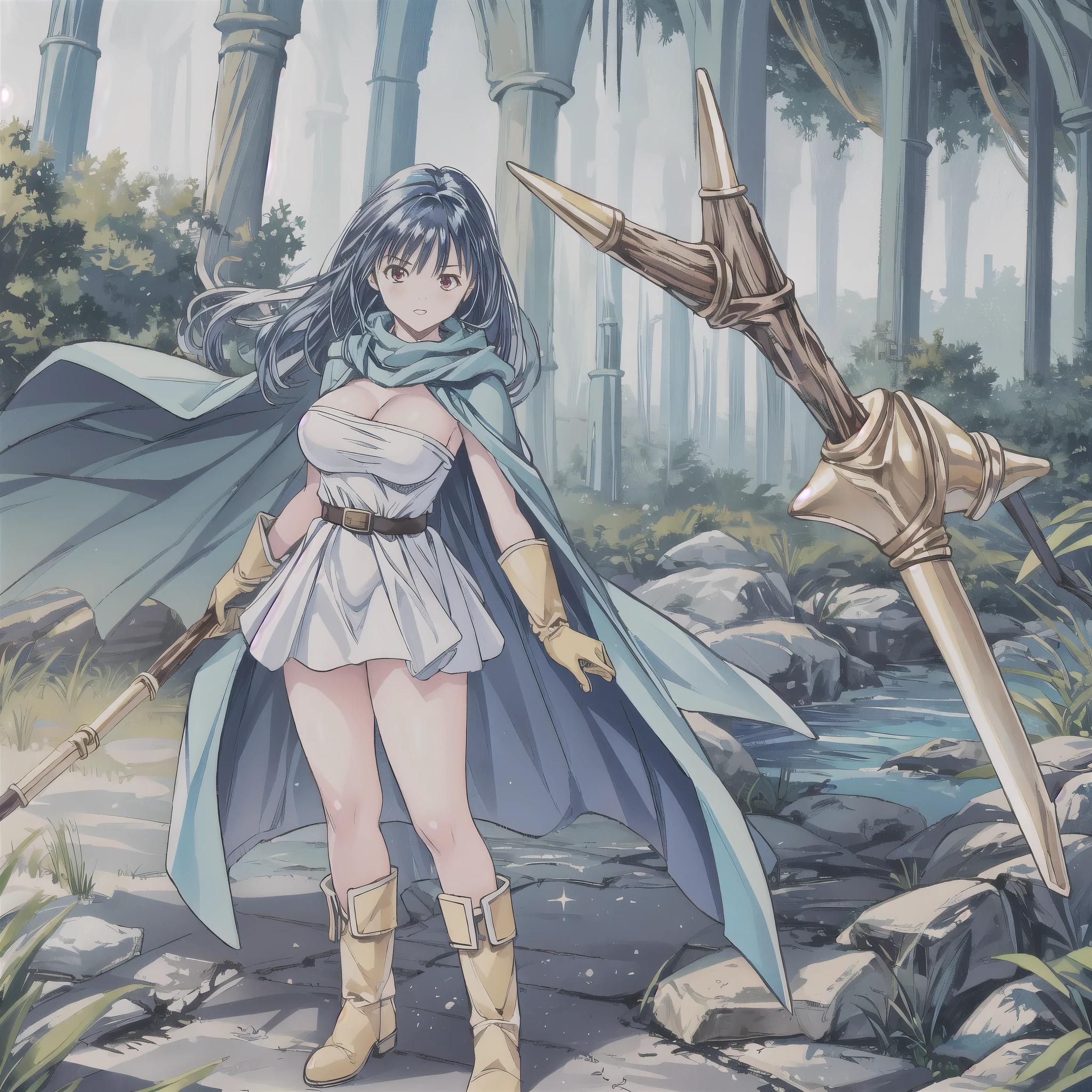 masterpiece, best quality, ultra-detailed, illustration, sage_(dq3), 1girl, (holding staff, staff:1.3), solo, long hair, blue hair, circlet, red eyes, large breasts, yellow gloves, white dress, belt, cape, boots, cleavage, bare shoulders, underwear, standing, full body, grass, wind lift, simple background, white background<lora:DQ3Sage:0.6>