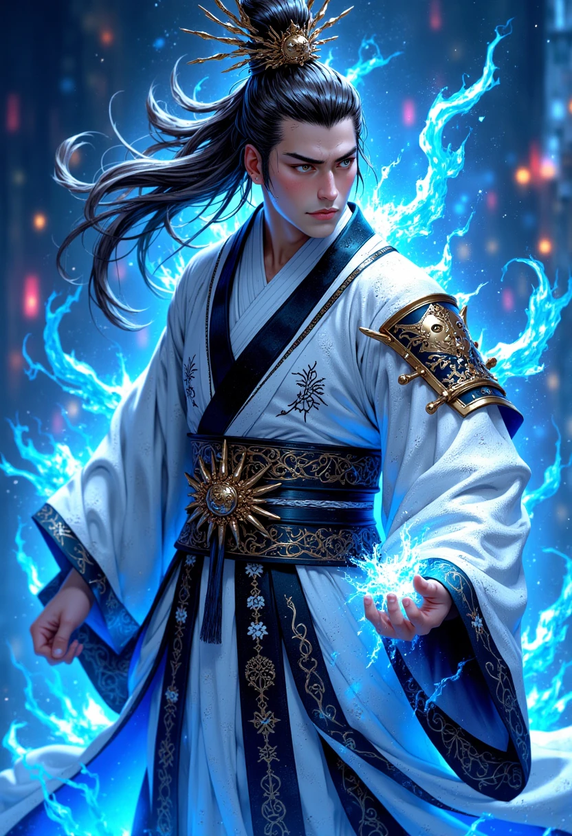 a handsome taoist man, detailed face and eyes, long robe, holding a fan, mystical and spiritual, ancient chinese landscape, detailed mountains and trees, cinematic lighting, mist and fog, digital art, concept art, 8k, highly detailed, photorealistic