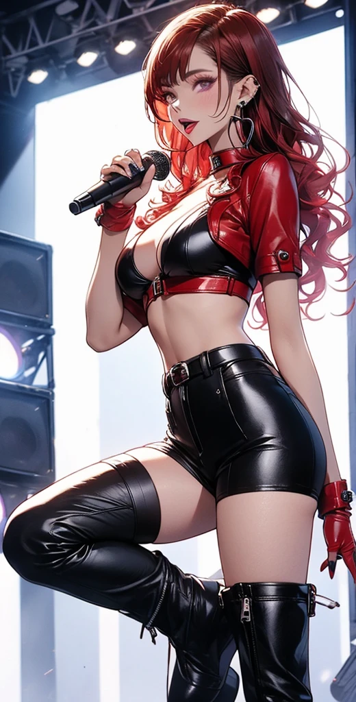 the girl lead singer of a heavy metal band, live show, in a sexy bikini, orange hair, big breasts, punk rock belt, black leather pants, lit stage and fireworks.
