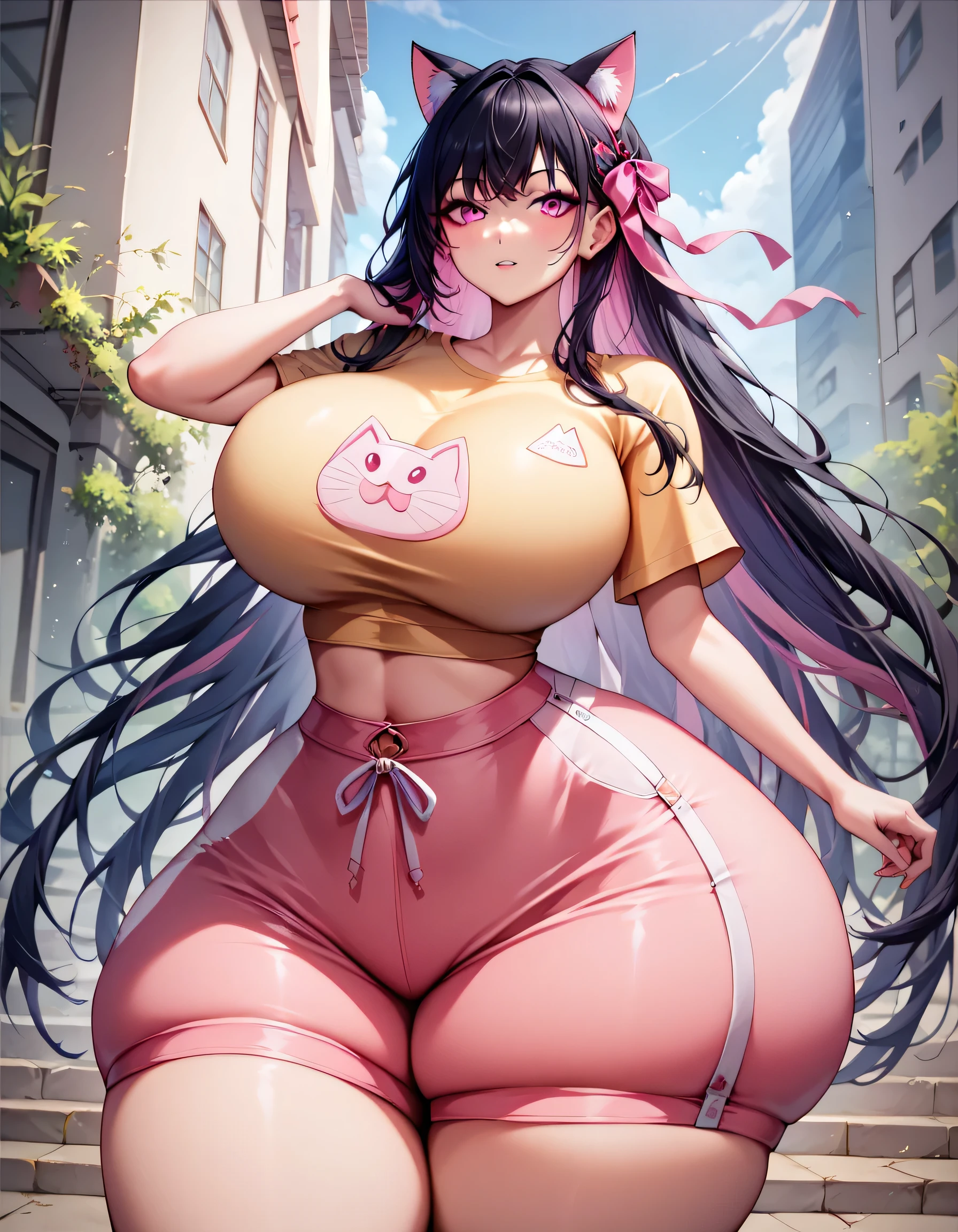  masterpiece fails,  top quality, absurdres ,   very aesthetic ,  1girl, ( black hair,  long hair , detailed hair,  cat ears,  pink eyes , pink hair ribbons:1.2), ( casual wear, yellow t-shirt , pink shorts:1.2), (Thin clothes,  clothes out of size , tight clothes ,  stretched clothing , wearing very tight clothes, skindentation:1.3),  outdoors , (curved,  extremely thin waist ,  flat stomach,  giant breasts, heavy bottom , giant thighs,  extremely wide hips :1.1)