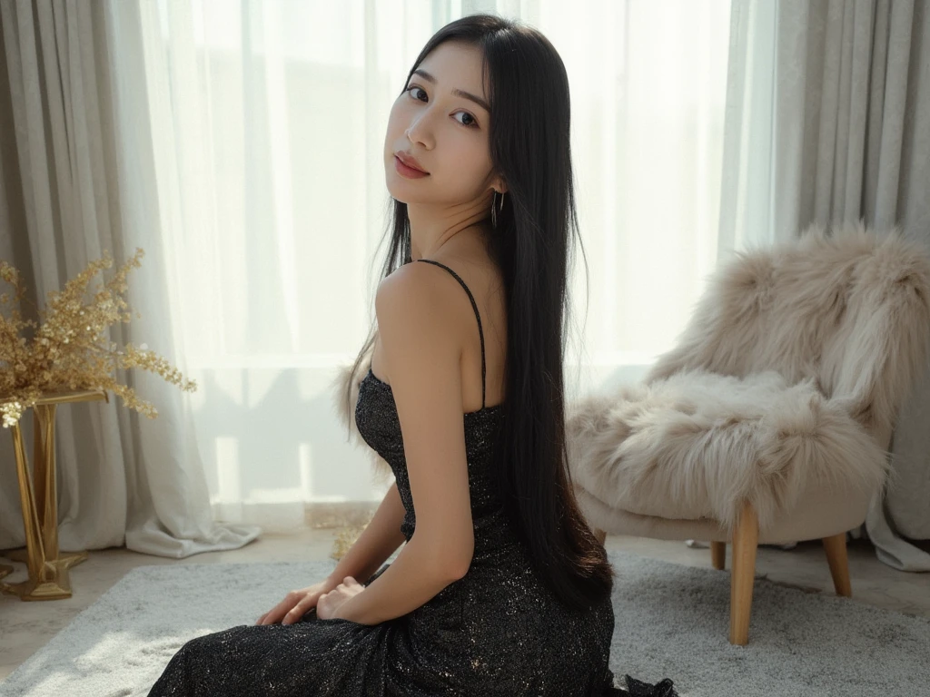 Elegant and cute Asian woman, long black hair, shimmering dark dress, thin straps, graceful pose, luxurious gray carpet, golden accents, fur chair, modern minimalistic room, sheer curtains, soft natural light, serene and confident expression