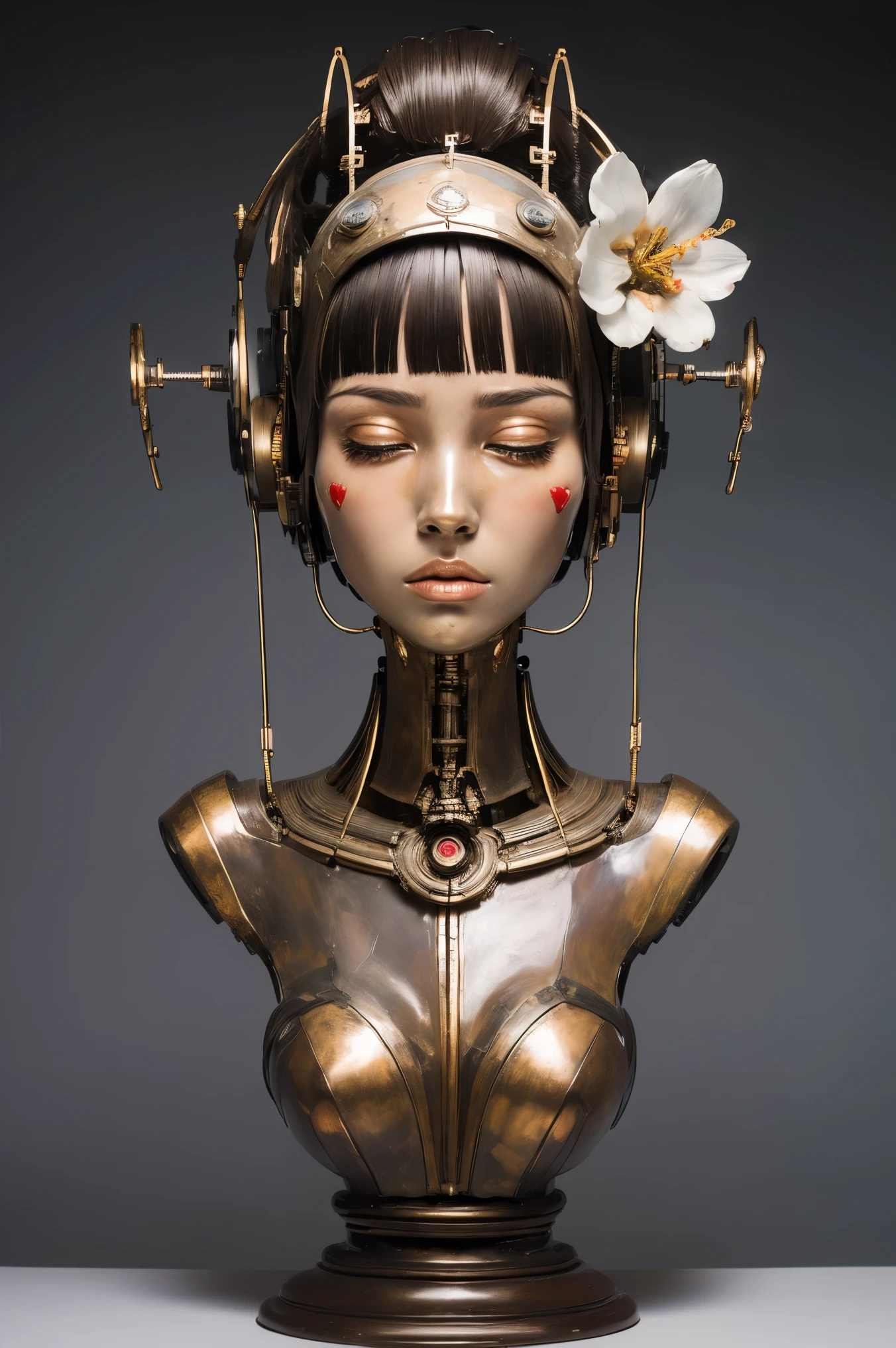(masterpeace), ((super real photography: 1.5)), ((photo realistic: 1.3)), (real photo),
A Japanese girl with a lot of flowers, ((A young girl robot: 1.5)), (bust statue),
BREAK
headgear, ((real metalic skin)), ((beautiful face: 1.5)), ((Super cute: 1.5)), ((kawaii: 1.5)), ((well-balanced face)), (close eyes: 1.3)), longeyelashes, stunning big eyes, luscious glossy lips, ((blunt bangs)),
BREAK
(slender body: 1.3), petite bust, flower bloom, (flowers: 1.5),
BREAK
High-Mechanic body, octane rendering, Super Detailed machine, ((connected electric cables)),
BREAK
(simple background: 1.3), ((bust shot: 1.3)), cinema quality, professional photograph, (photo studio: 1.5), (Bright Light: 1.2), Eye-Level Shot, wide lens, (fujifilm 35mm), (film photo), RAW, Excessive Embellishment, UHD,
BREAK
anatomically correct, textured skin, best quality, 8k