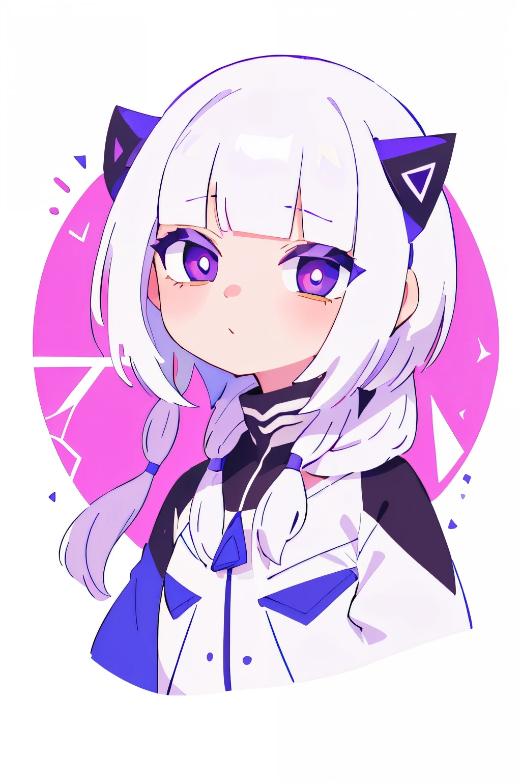 (master part, best quality:1.2), 1 girl, 1 small purple horn on head hair, big white hair, purple eyes, white clothes and light purple