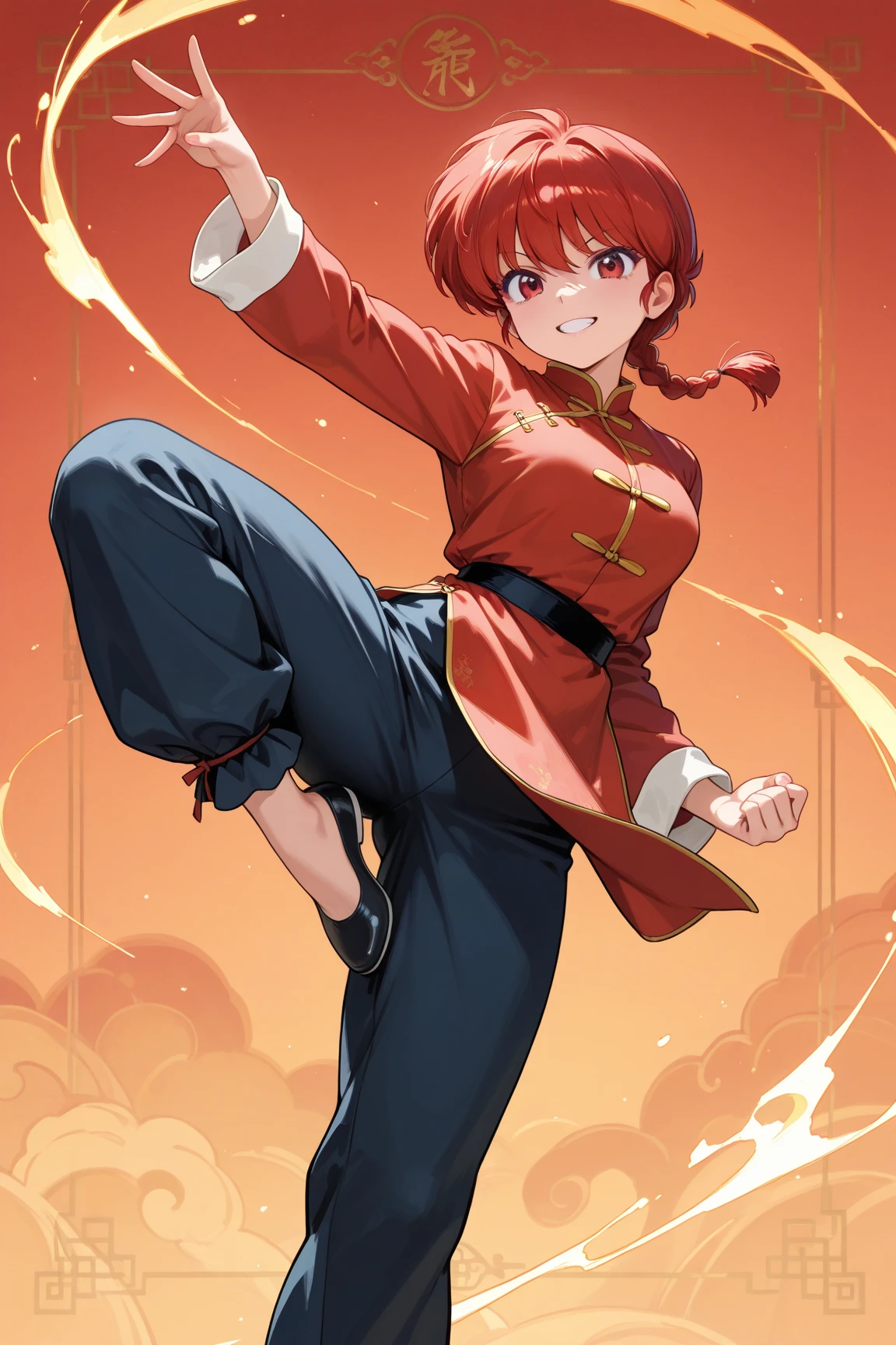 (solo:1.3),1girl\(Ranma, the main character of anime\(Ranma1/2\),cute,sexy, braided red hair, red eyes, red Chinese clothes, smiling, ranma saotome, braid, red hair, single braid, braided ponytail, red eyes,pants, chinese clothes, tangzhuang, dynamic kung fu action,purple eyeshadow).background\( panda from ranma,simple chinese design\). BREAK .quality\(8k,wallpaper of extremely detailed CG unit, high resolution, top-quality, top-quality real texture skin, hyper realistic, increase the resolution, RAW photos, best quality, highly detailed, the wallpaper, golden ratio, high saturation realism, vibrant colors, dramatic lighting, persuasive storytelling, atmospheric scenery, captivating visuals, intricate details, strong emotions, dreamlike world\)