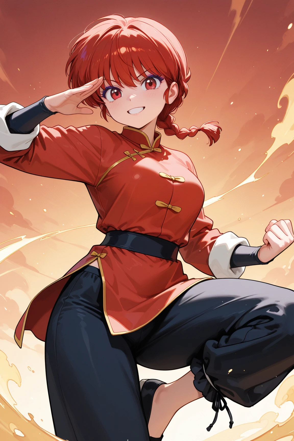 (solo:1.3),1girl\(Ranma, the main character of anime\(Ranma1/2\),cute,sexy, braided red hair, red eyes, red Chinese clothes, smiling, ranma saotome, braid, red hair, single braid, braided ponytail, red eyes,pants, chinese clothes, tangzhuang, dynamic kung fu action,purple eyeshadow).background\( panda from ranma,simple chinese design\). BREAK .quality\(8k,wallpaper of extremely detailed CG unit, high resolution, top-quality, top-quality real texture skin, hyper realistic, increase the resolution, RAW photos, best quality, highly detailed, the wallpaper, golden ratio, high saturation realism, vibrant colors, dramatic lighting, persuasive storytelling, atmospheric scenery, captivating visuals, intricate details, strong emotions, dreamlike world\)