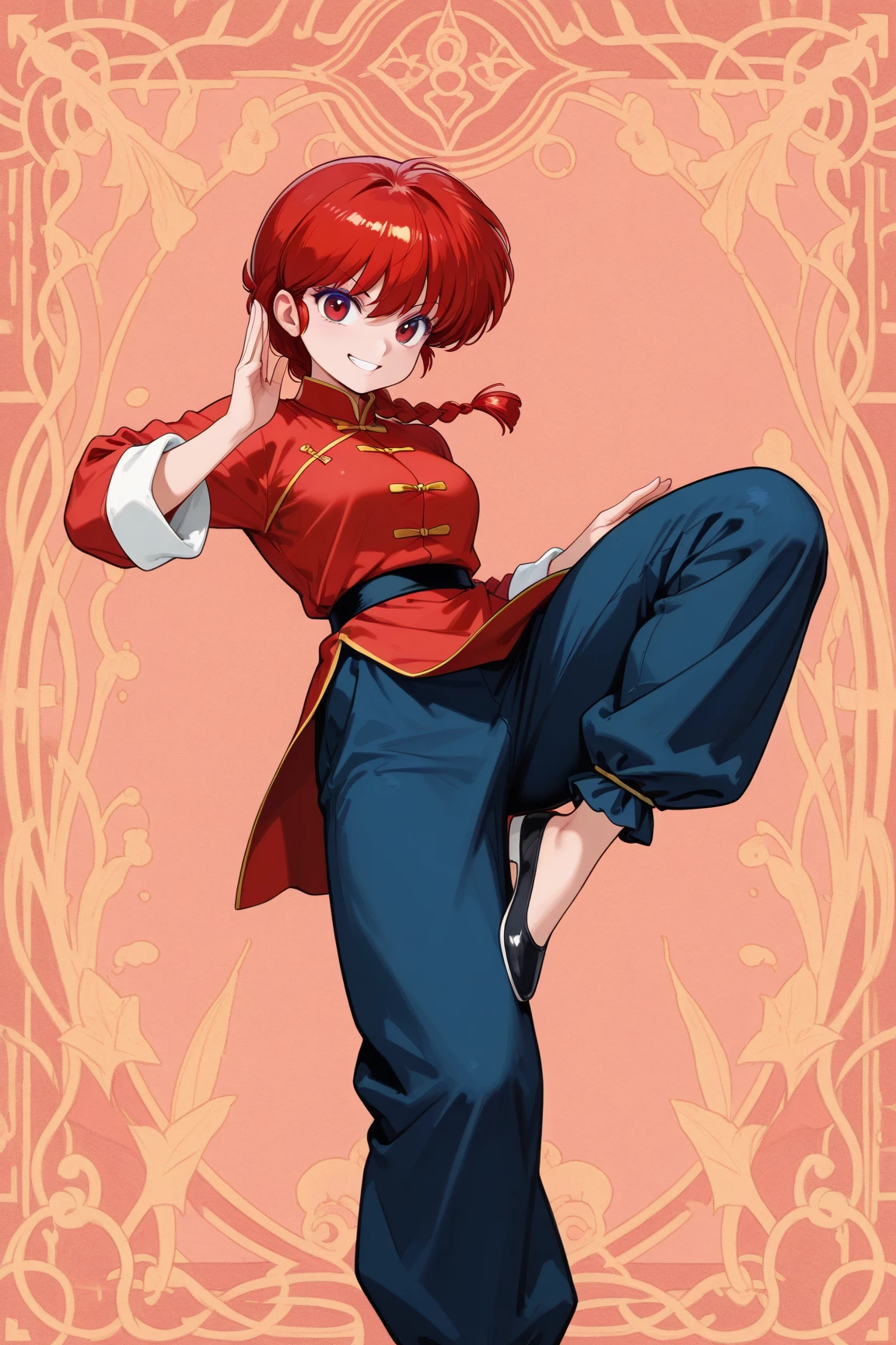 (solo:1.3),1girl\(Ranma, the main character of anime\(Ranma1/2\),cute,sexy, braided red hair, red eyes, red Chinese clothes, smiling, ranma saotome, braid, red hair, single braid, braided ponytail, red eyes,pants, chinese clothes, tangzhuang, dynamic kung fu action,purple eyeshadow).background\( panda from ranma,simple chinese design\). BREAK .quality\(8k,wallpaper of extremely detailed CG unit, high resolution, top-quality, top-quality real texture skin, hyper realistic, increase the resolution, RAW photos, best quality, highly detailed, the wallpaper, golden ratio, high saturation realism, vibrant colors, dramatic lighting, persuasive storytelling, atmospheric scenery, captivating visuals, intricate details, strong emotions, dreamlike world\)