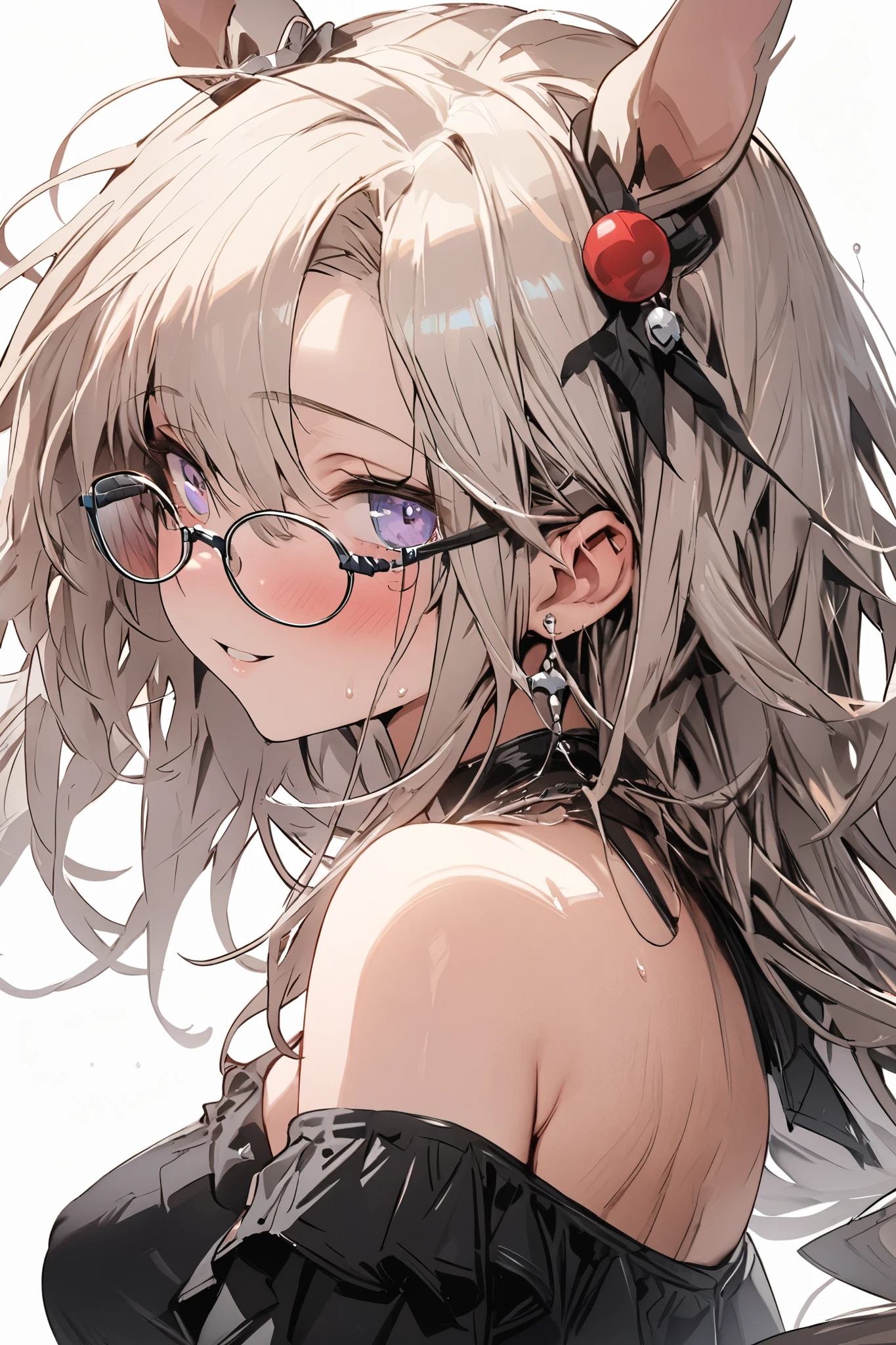 Silver hair，Black lingerie，Lace stockings，Swimwear as outerwear，Sexy and cute，White background，whole body，A surprised expression，table