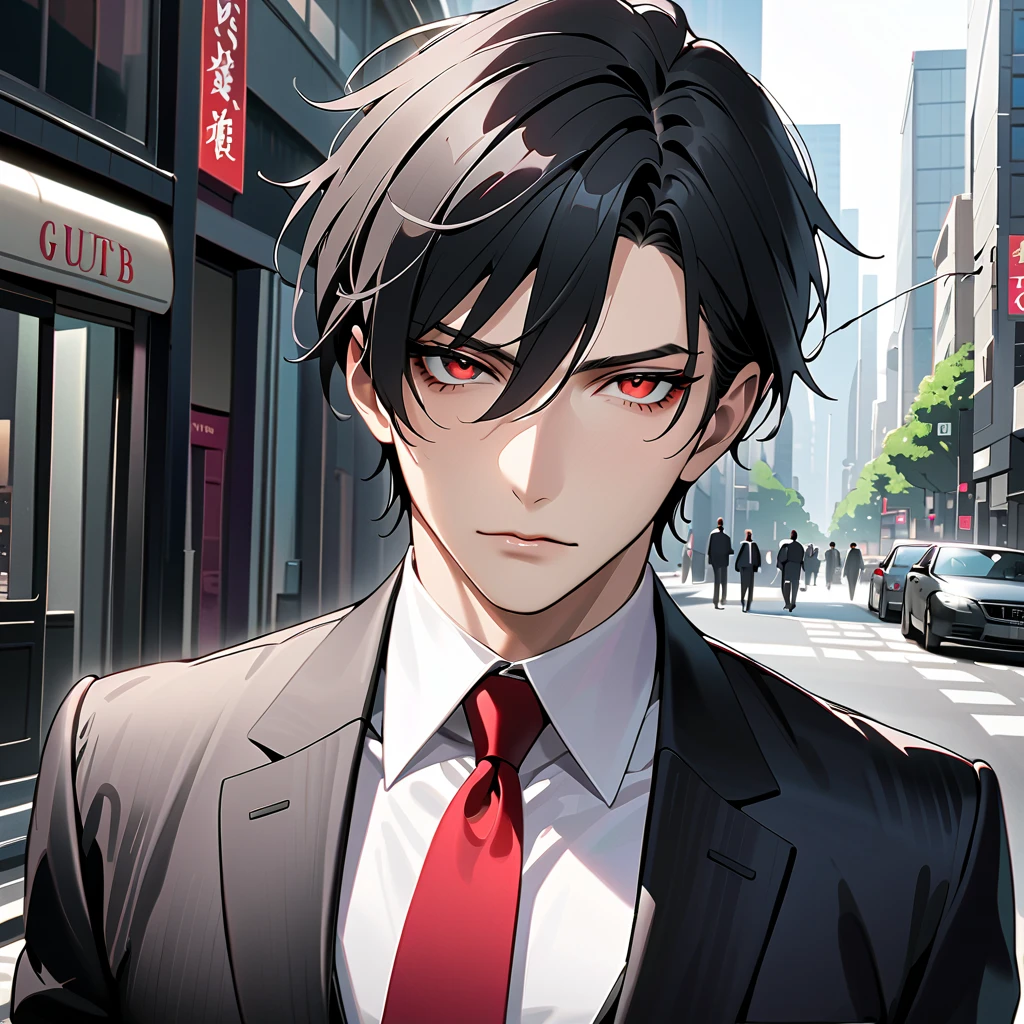  black hair,  sharp eye, Lewd Eyes, male　  red eyes　 short hair　  handsome, ,  business suit　Portraiture　whole body　Dark vermilion regular ties in the city