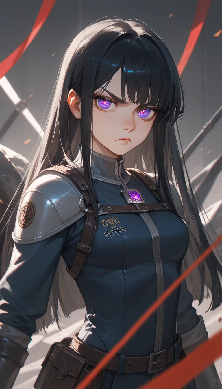 (masterpiece),  Best Quality ,  expressive eyes ,  Perfect Face , ((1 Girl)),  unique ,  Medium height ,  young woman in hot suit, Large target , ( long hair, Black Hair, Side lock,  bangs), ( Purple Eyes,  Serious , threaten, Leadership vibe ,  glowing eyes ), medieval clothing， girl，Stockings