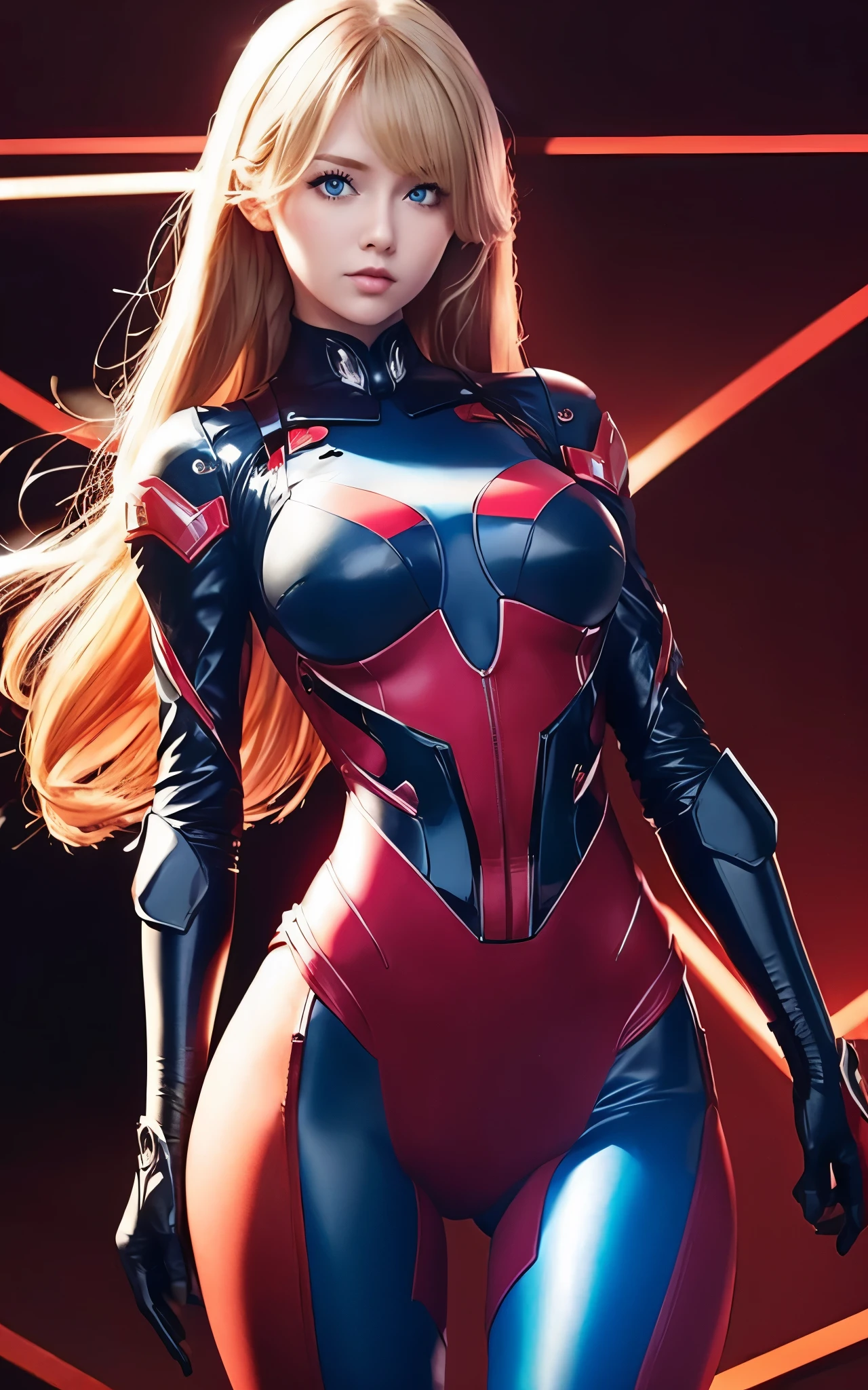 girl, 20s, red_bodysuit, mecha, blonde, blue eyes, smooth bodysuit, large breasts, stunning proportions, highleg design