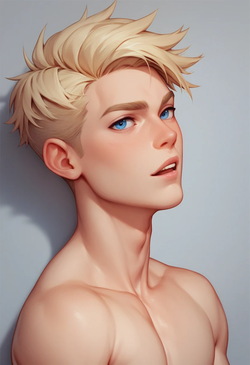 Blonde short hair , blue eyes, shirtless ,, celestial,,red angel halo above head, wearing a cream underwear thong, bulge, male, black background, high detail, zoomed out