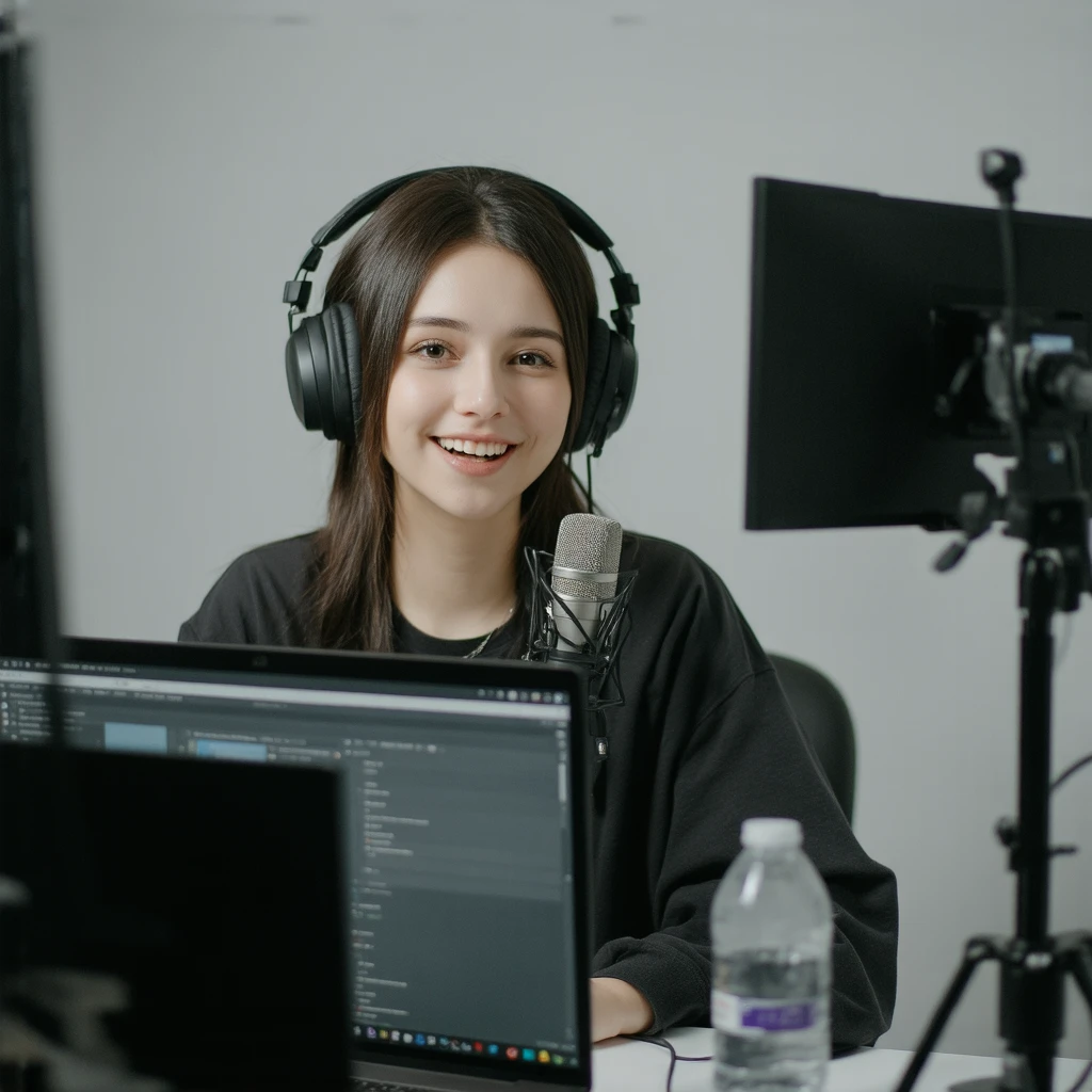 A woman sitting at a table,Laptop and microphone in hands, Sitting in front of the microphone, Twitch Streamers, Twitch Streamers/Ludwig the Gamer, Accept an interview, Accurate portrait, Smile and take control, H3H3, With a happy expression, Accurate expression, in front, Pop Art, shutter, Studio shot, Very expressive, Realistic anime, painting,