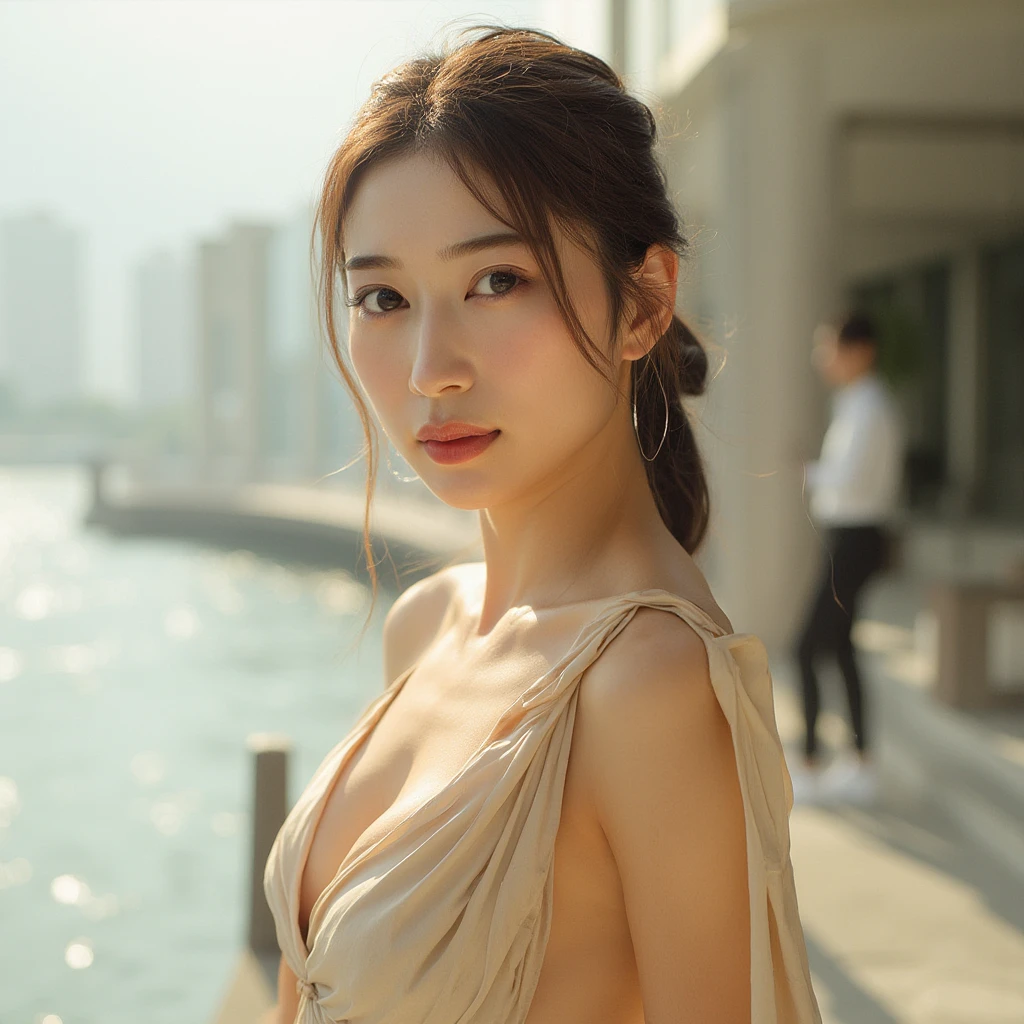 A stunning East-Asian woman with a graceful, confident expression stands near a calm waterfront. She is wearing an elegant, form-fitting beige gown with intricate draped fabric and a plunging neckline, accentuating her curves and smooth silhouette. Her hair is styled in a loose updo with soft strands framing her face, and her makeup features bold red lips and subtle smoky eyes. The sunlight reflects on the water behind her, creating a serene and luxurious atmosphere. Her posture is poised, and she gazes directly at the viewer with confidence and beauty.