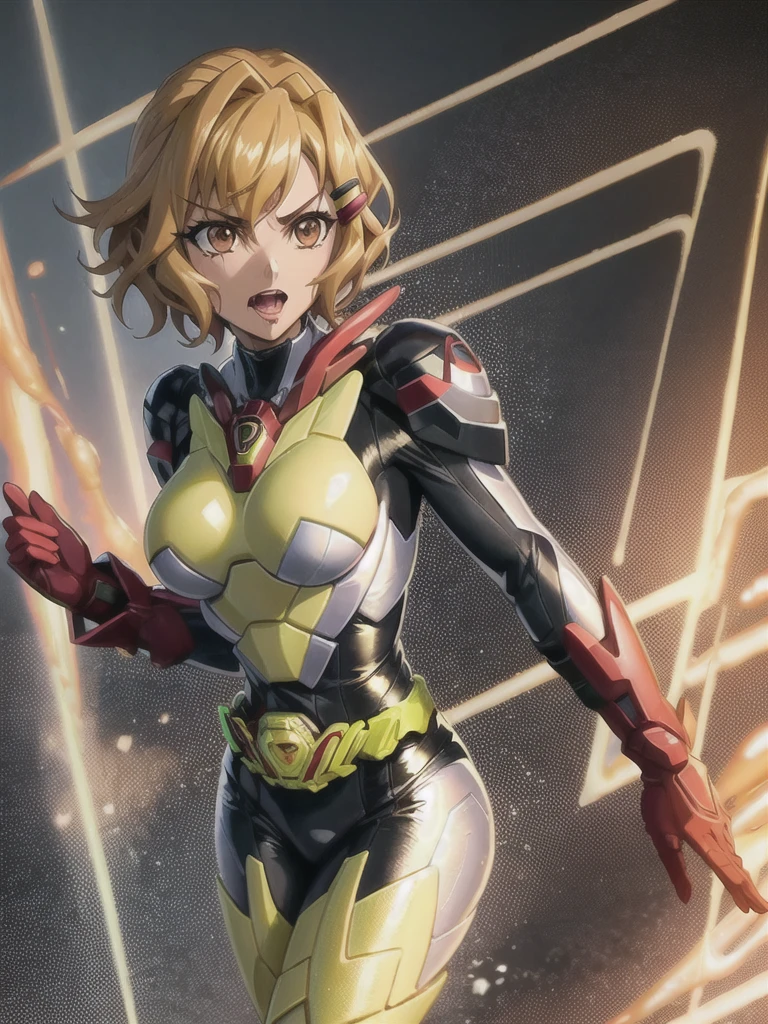 tachibana hibiki (symphogear),senki zesshou symphogear,short hair,1girl,soro,brown hair,hairclip, brown eyes,short hair,hairclip,large breasts,Pale skin,shiny skin,wide hips,narrow waist,kamen rider zero-two, ZeroTwo, green armor, bodysuit, green armor,gloves, black bodysuit, red gloves,((masterpiece)), ((best quality)), (ultra-detailed), ((extremely detailed)), 4K, (8K), best quality, (beautiful),(naughty :1.4),(latex skin: 1.1) and (perfect shiny skin: 1.2) and (damp skin: 1.1),fingers,Perfect hands,((((anime colored)))),((((animated painting)))),