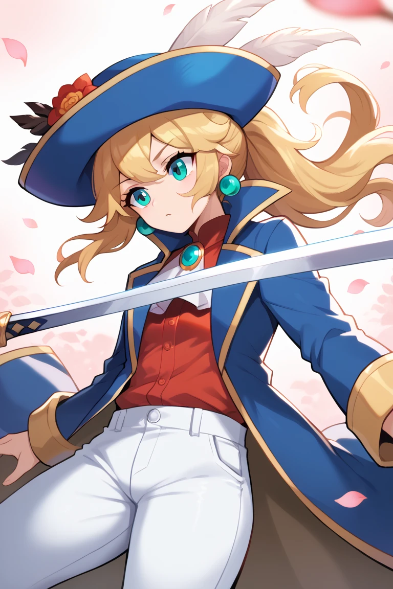 score_7_up, BREAK 1girl, solo,  IncrsPchSwordfighter, long hair, ponytail, hat feather, ascot, white pants, hat flower, long sleeves, petals, red flower, red shirt, blue jacket, feathers, blue coat, coat, blue headwear, brooch, jewelry, earrings, holding sword