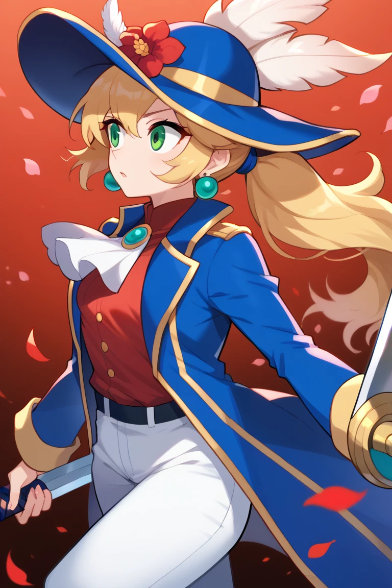 score_7_up, BREAK 1girl, solo,  IncrsPchSwordfighter, long hair, ponytail, hat feather, ascot, white pants, hat flower, long sleeves, petals, red flower, red shirt, blue jacket, feathers, blue coat, coat, blue headwear, brooch, jewelry, earrings, holding sword