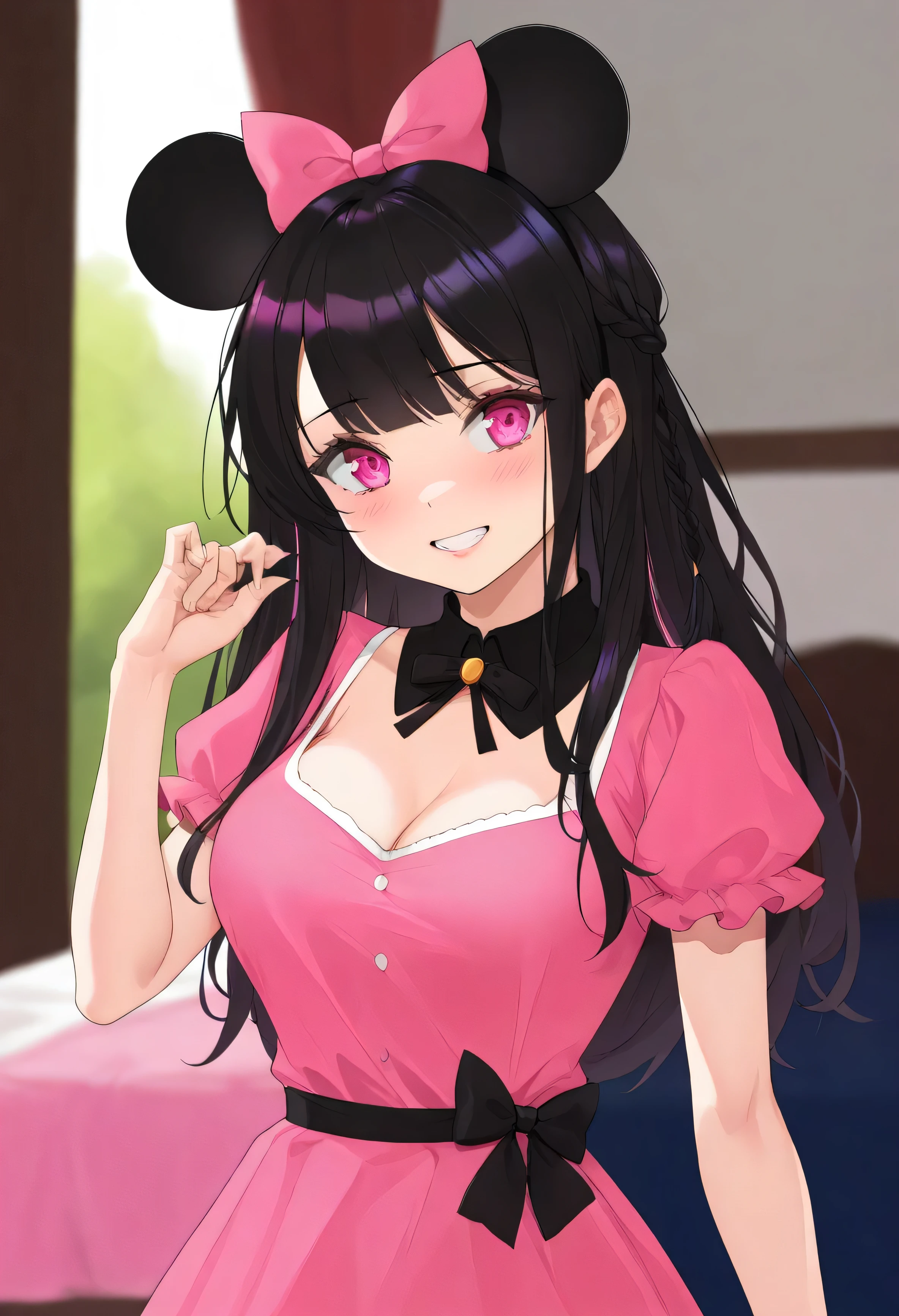 (best quality, Masterpiece), 1 girl, bedroom background, Girl cosplaying as Minnie Mouse, black hair, Beautiful long hair, braid, pink eyes, cute, Bright face, Teeth smile, beautiful breasts, Minnie Mouse's pink dress is accompanied by a white round motif, shy, 1 woman, young girl, (Goosebumps:0.7), Beautiful face, (shyไลเนอร์, lipstick:0.9), 4K, 8K, UHD, HDR, detailed background, background